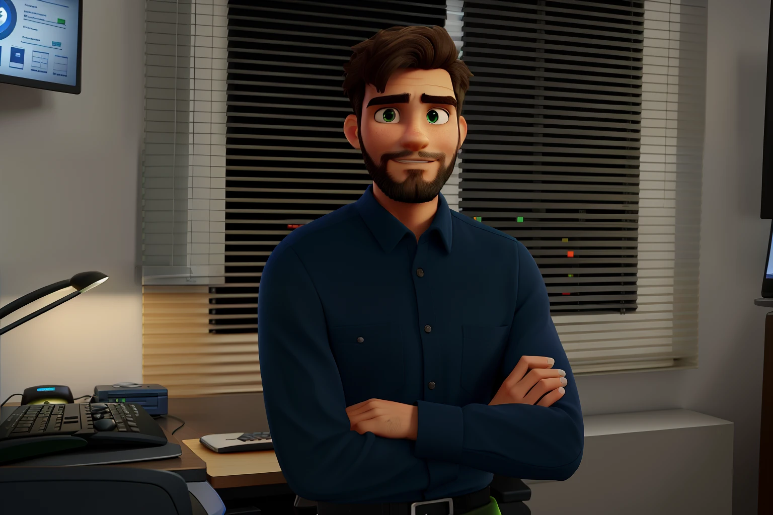 homem na frente da mesa em frente ao computador, with mechanical designs on the screen. Homem com barba, olhos verdes, cabelo raspado, quadro com diploma na parede, folded arms, camisa azul.