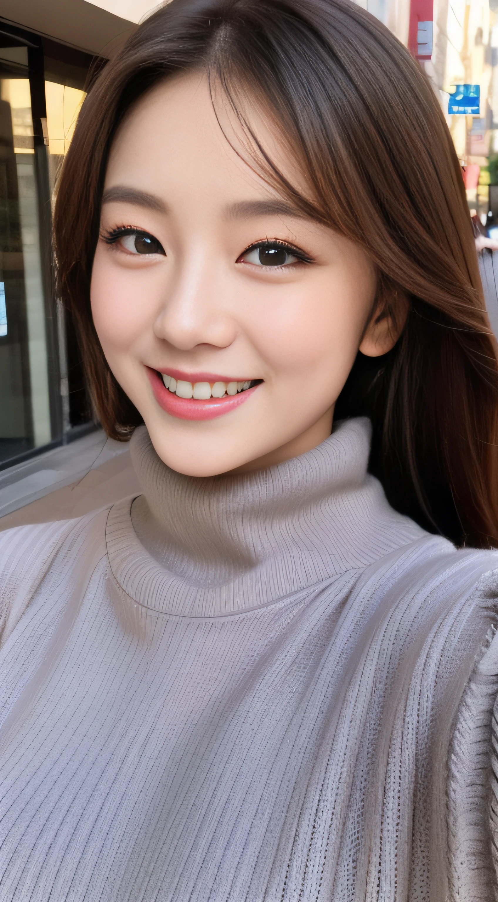 The face is a hostess、Wear a turtleneck sweater、hiquality、A hyper-realistic、healthy、Smiling expression、Slender perfect figure、Japan beauties、beautidful eyes、face perfect、Beautiful skin、The upper part of the body、Christmas、street