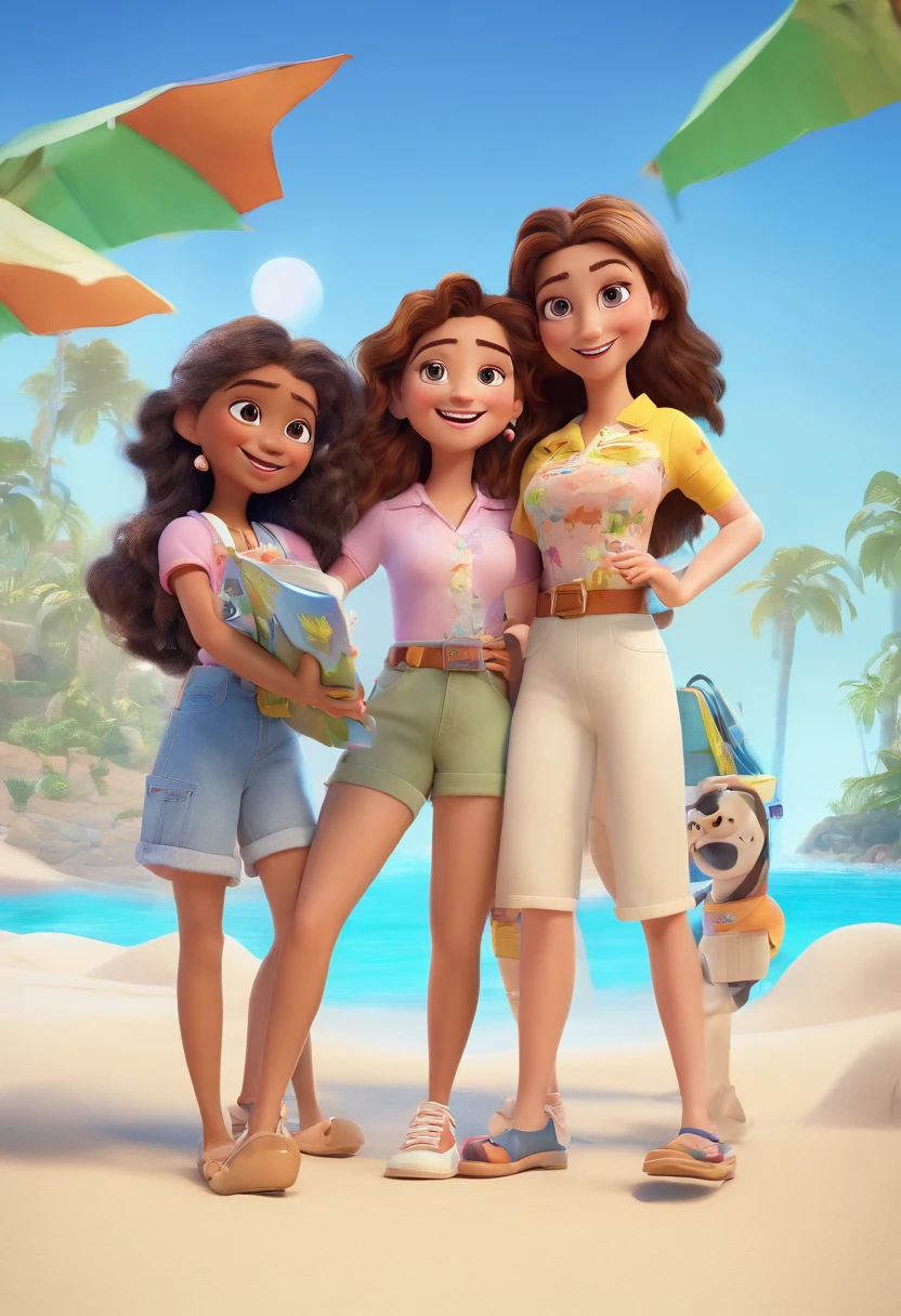 Cartoon of friends having fun on vacation together, 3D Animation Movie Poster, Poster de filme animado, pixar 3 d animation style, pixar renderman rendering, maia 8 mil, animated film, Disney Pixar Estilo 3D, amigos felizes saem juntos, all wearing light blue shirts and cream brown long pants, camisa azul clara, cream brown pants, ao ar livre, vacation, Disney Pixar Animation Poster