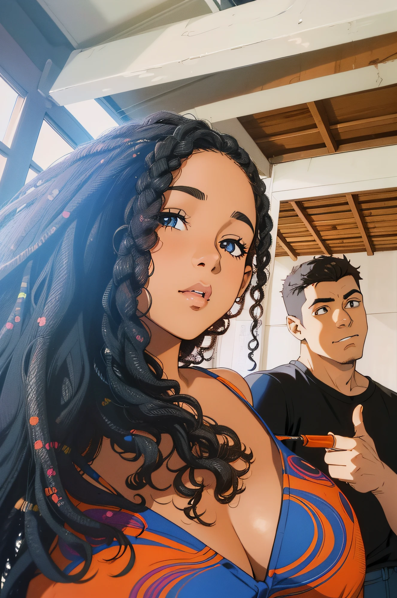 negra,cabelo cacheado,fazendo biquinho,um olho aberto e outro fecgado,menino,cabelo cacheado,camisa preta,fazendo sinal de legal,alta qualidade