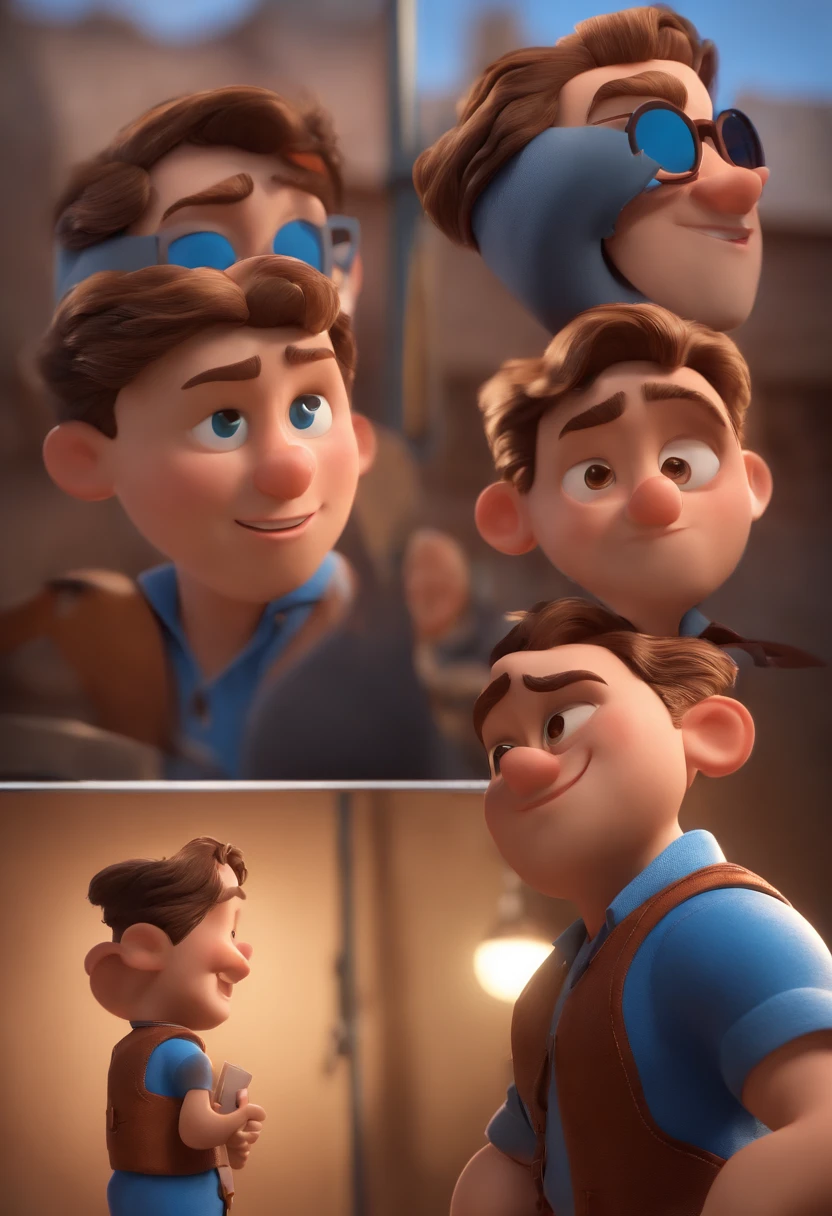Cartoon character of a man without glasses, light brown hair and a blue shirt, animation character, Caractere estilizado, animation style rendering, 3D estilizado, Arnold Maya render, 3 d render stylized, toon render keyshot, Personagem 3D, Personagem 3D, 3d rendering stylized, 3 d character render, personagem de desenho animado, Personagem de close up, Pose de personagem,  (Estilo Pixar) (master part:1.2) (Bokeh) (best quality) (pele detalhada) (textura detalhada) (8k) (argila) (Cinematic lighting) (foco nítido