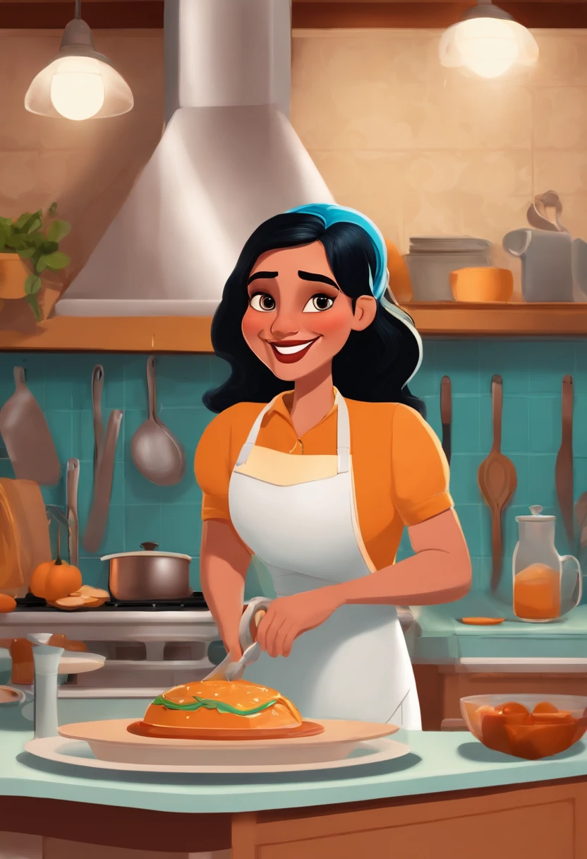 mulher 39 anos branca loira gordinha desenho pixar disney em uma cozinha fazendo bolo confeitado