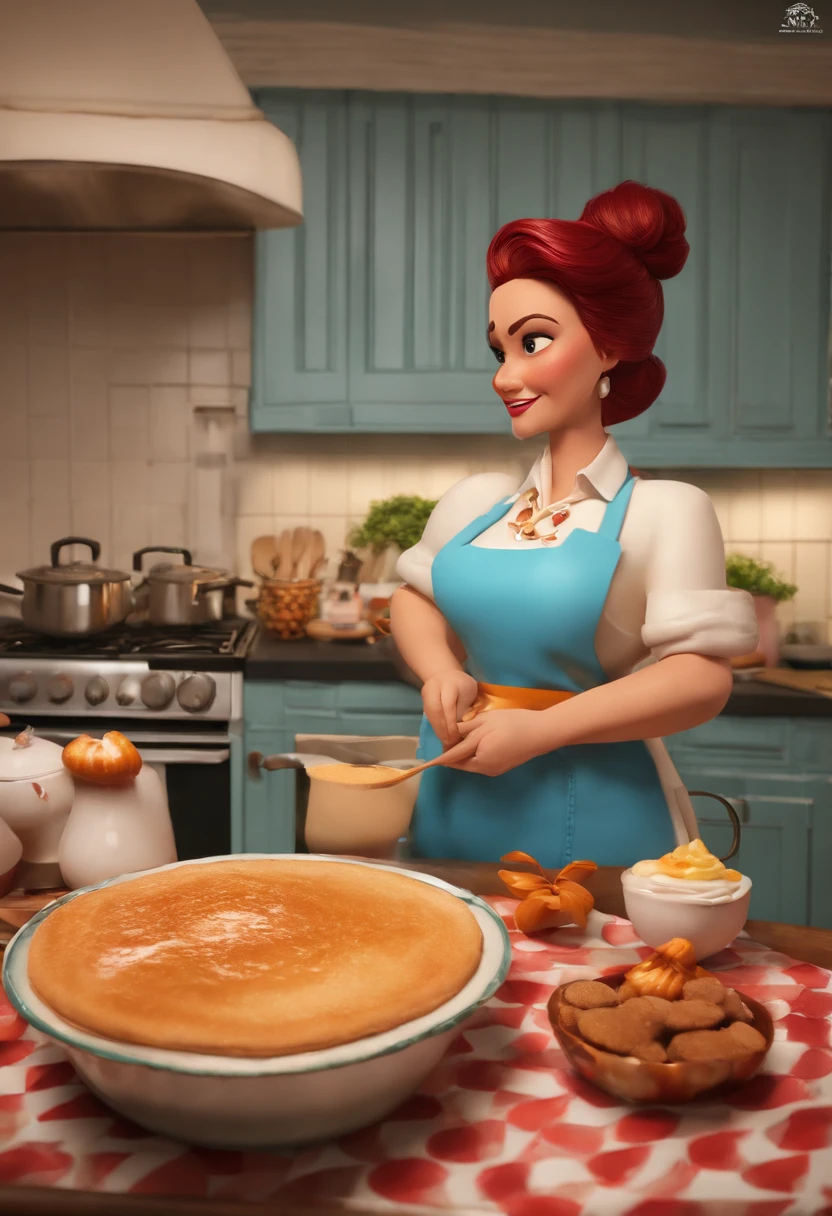 mulher 39 anos branca loira gordinha desenho pixar disney em uma cozinha fazendo bolo confeitado