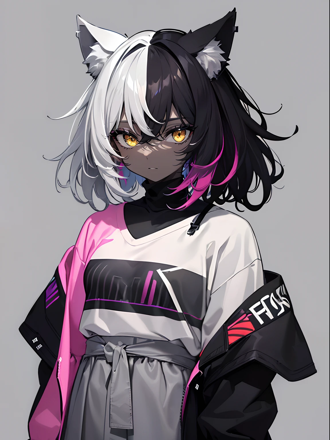 (masterpiece,best quality,ultra-detailed),1girl,black hair,dark gray hair,short hair,messy hair,(((coloured skin, grey skin))),small chest, multicolored outfit,rainbow jacket, multicolored shirt,((grey theme)),((pastel colours theme)),wolf ears