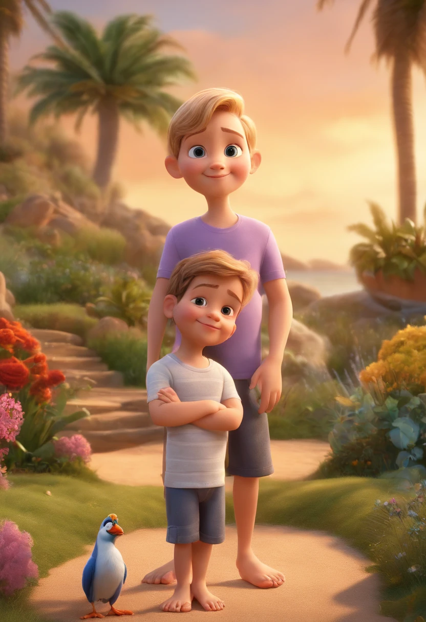 a Disney Pixar movie poster showing a white-skinned family. The father is the tallest, Um pouco malto, Tem barba curta, portanto, bald head. Mommy has light gray eyes and blond hair, at the height of the back and is slightly shorter than the father. The girl is white, Ela tem 6 anos e cabelos loiros claros, cacheado soltos e longos, roupa rosa o tem 1ano e meio, tem cabelos castanhos claros caindo na testa meio de lado. The background is a beach garden. 3D-rendering