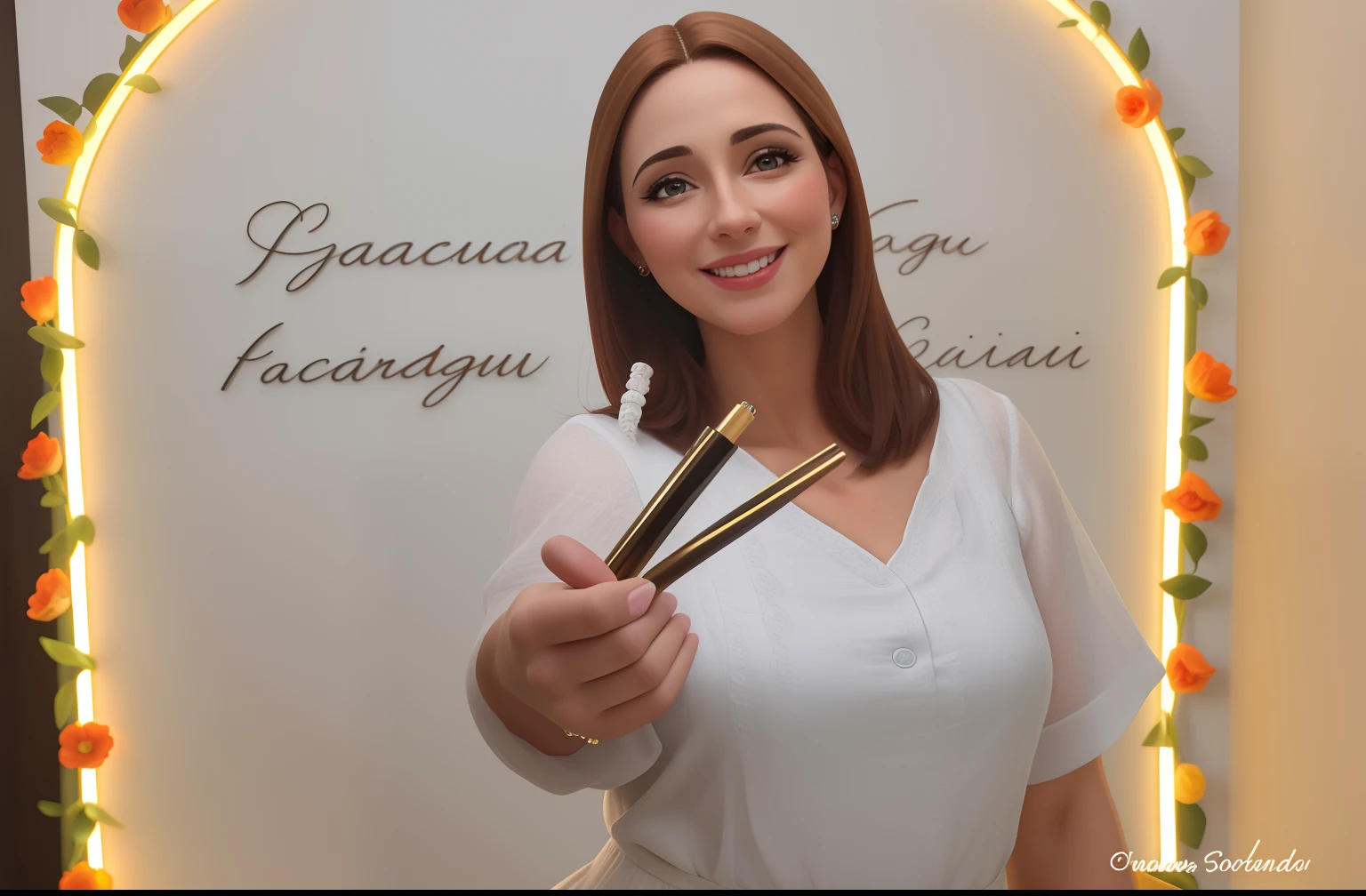 Uma mulher de 39 anos, com cabelos castanhos curtos, Rosto redondo, rosto redondo com sorriso encantador, e olhos castanhos, Lash designer, designer de sobrancelhas