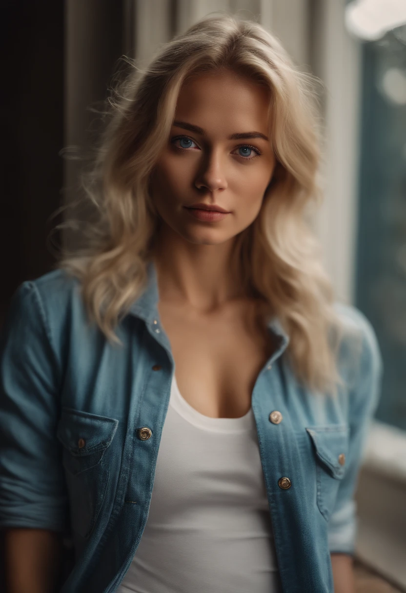 realistic white female instagram influencer, (high_resolution:1.2), blonde, 1 girl, blue eyes, in tight blue jeans with a white shirt, (perky small breasts:1.5)