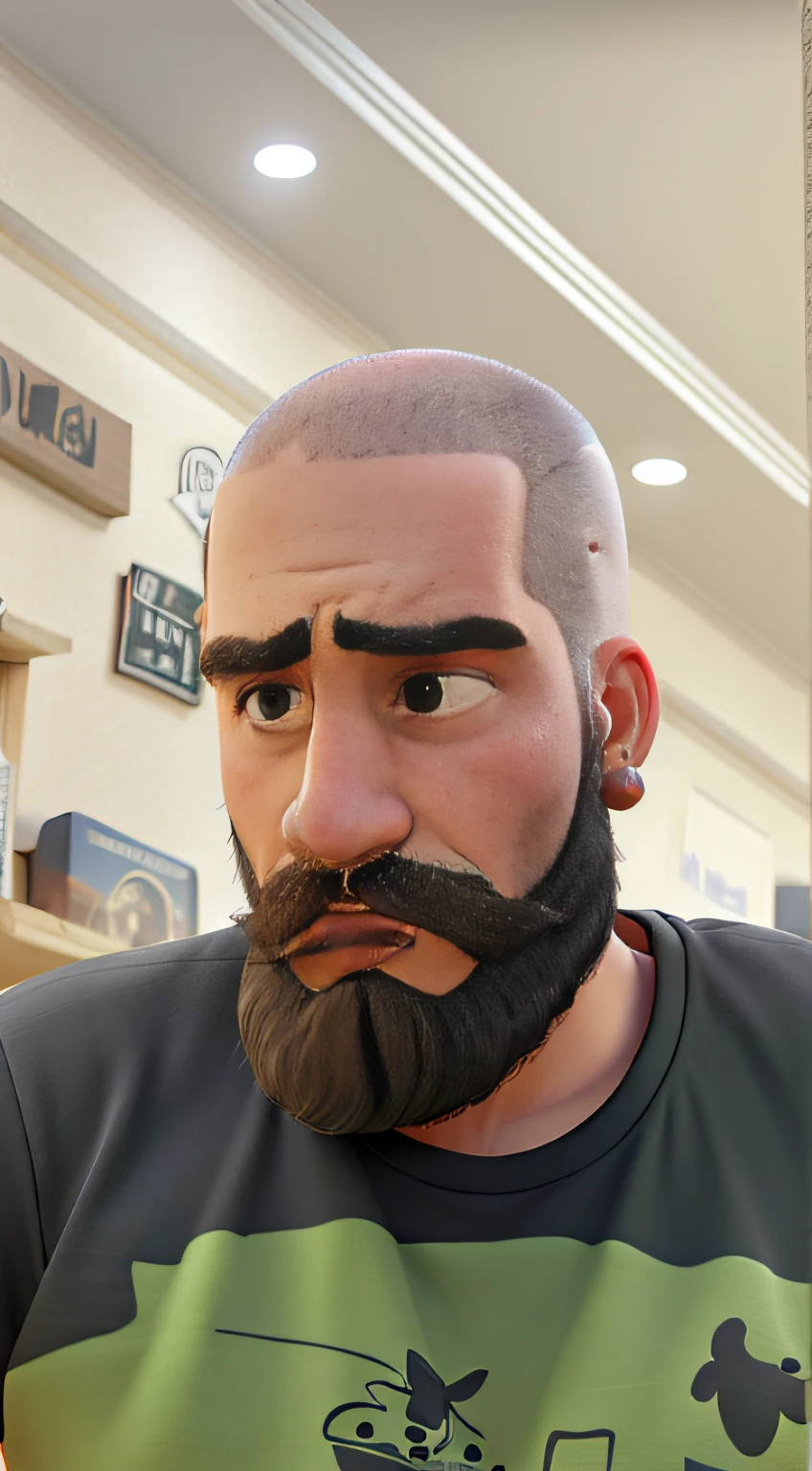 man, beard, bald, ear earring, serious face, t-shirt black.