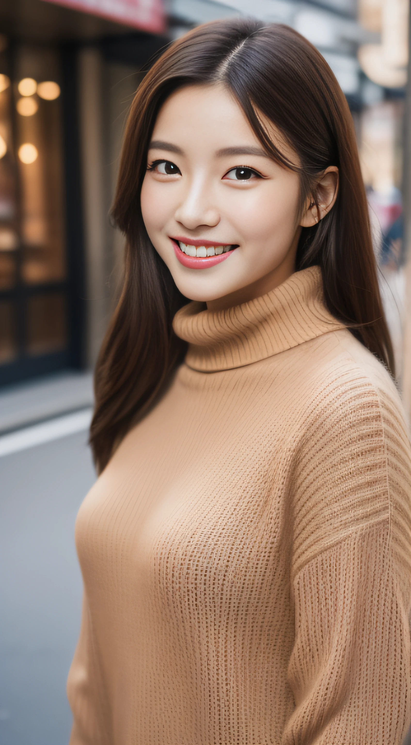 hostess face、sexy face、turtleneck wool sweater、skirt、High quality、Super realistic、healthy、smiling expression、perfect slender figure、Japanese beauty、 perfect eyes、Shining beautiful skin、upper part of the body、Tokyo skyscrapers
