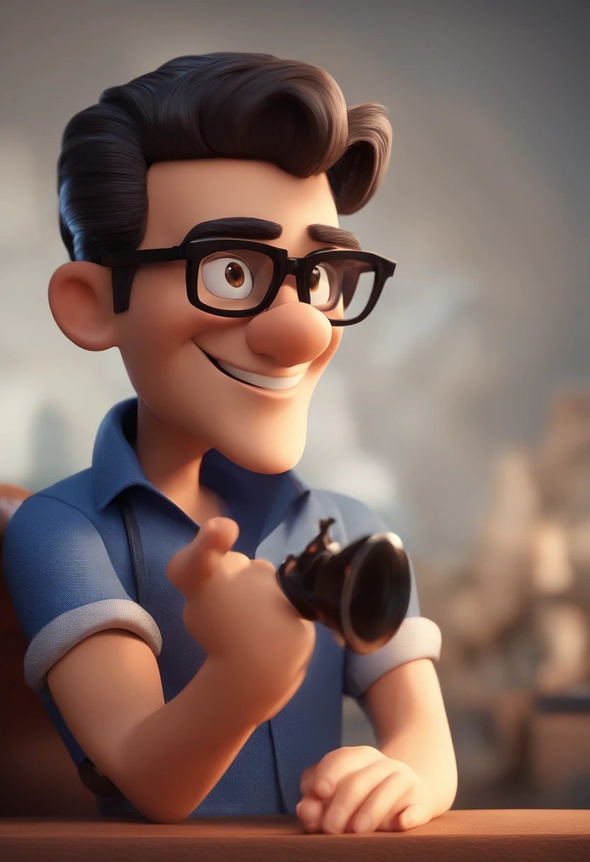 Cartoon character of a man with black glasses and a blue shirt, animation character, Caractere estilizado, animation style rendering, 3D estilizado, Arnold Maya render, 3 d render stylized, toon render keyshot, Personagem 3D, Personagem 3D, 3d rendering stylized, 3 d character render, personagem de desenho animado, Personagem de close up, Pose de personagem,  (Estilo Pixar) (master part:1.2) (Bokeh) (best quality) (pele detalhada) (textura detalhada) (8k) (argila) (Cinematic lighting) (foco nítido