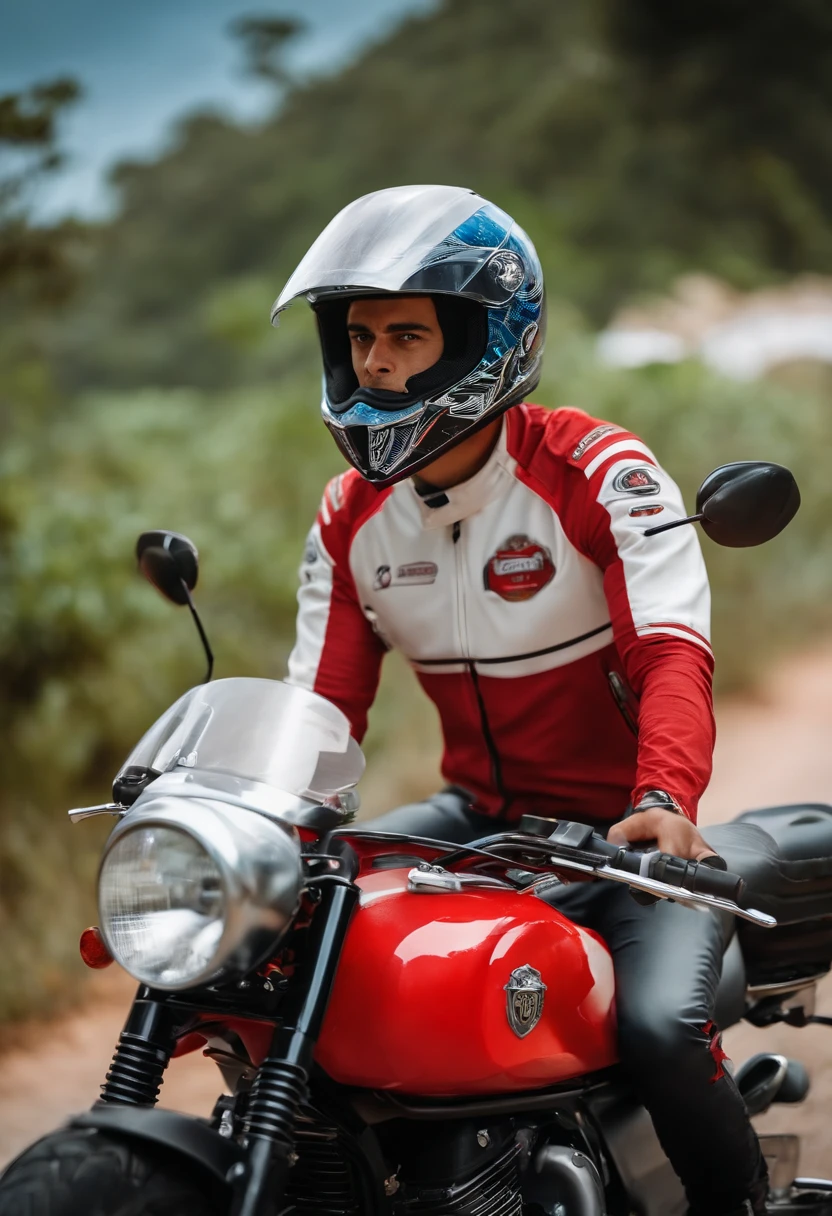 gordinho de capacete em uma moto branca, vestindo camisa branca e bermuda vermelha. Estilo postes Disney Pixar