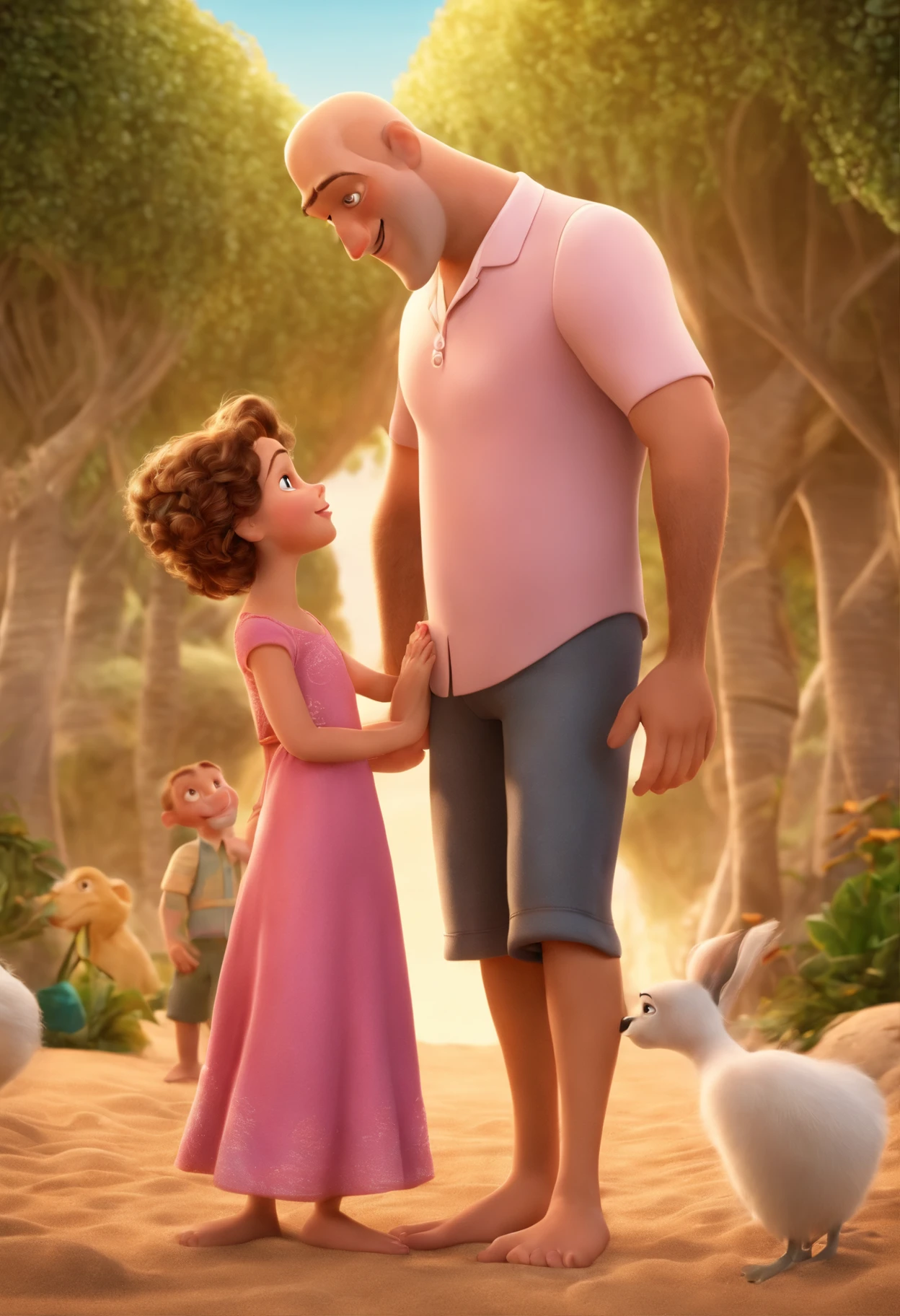 a Disney Pixar movie poster showing a white-skinned family. The father is the tallest, Um pouco malto, Tem barba curta, portanto, bald head. Mommy has light gray eyes and blond hair, at the height of the back and is slightly shorter than the father. The girl is white, Ela tem 6 anos e cabelos loiros claros, cacheado soltos e longos, roupa rosa o menino tem 1ano e meio, tem cabelos castanhos claros caindo na testa meio de lado. The background is a beach garden. 3D-rendering