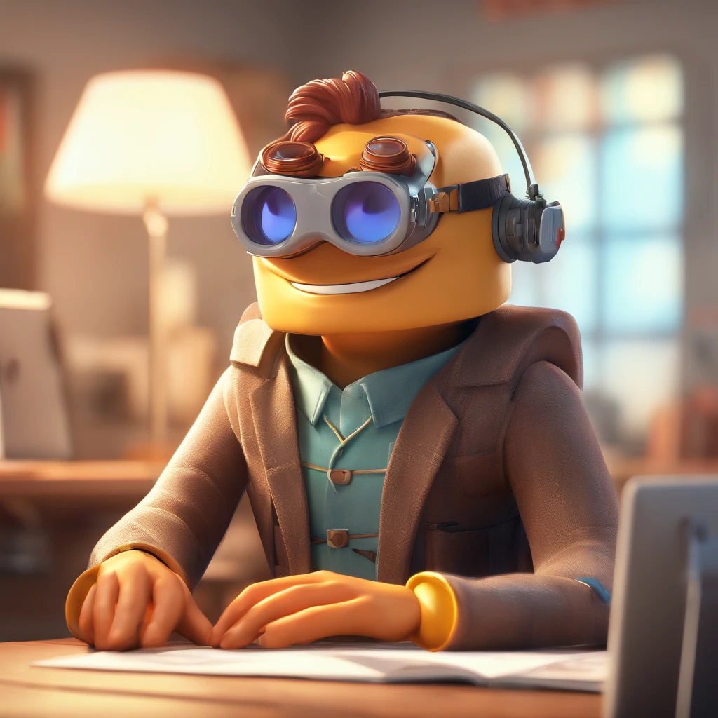 Crie um cartaz inspirado na Disney Pixar com o personagem sendo um homem, 40 anos, wearing goggles, mecha de cabelo branco na frente. This man is sitting in an office with a book on the table