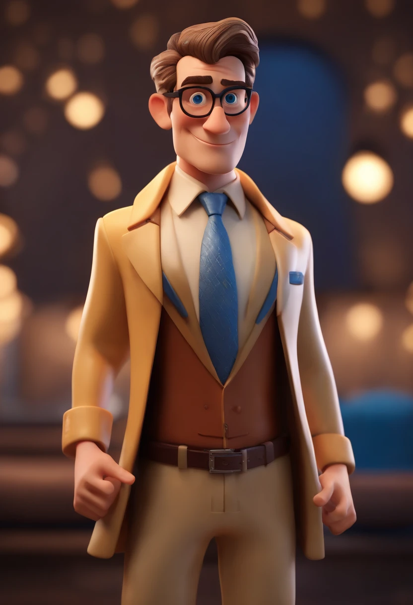 Cartoon character of a man without glasses, cabelo castanho claro e um terno e camisa azul, animation character, Caractere estilizado, animation style rendering, 3D estilizado, Arnold Maya render, 3 d render stylized, toon render keyshot, Personagem 3D, Personagem 3D, 3d rendering stylized, 3 d character render, personagem de desenho animado, Personagem de close up, Pose de personagem, (Estilo Pixar) (master part:1.2) (Bokeh) (best quality) (pele detalhada) (textura detalhada) (8k) (argila) (Cinematic lighting) (foco nítido