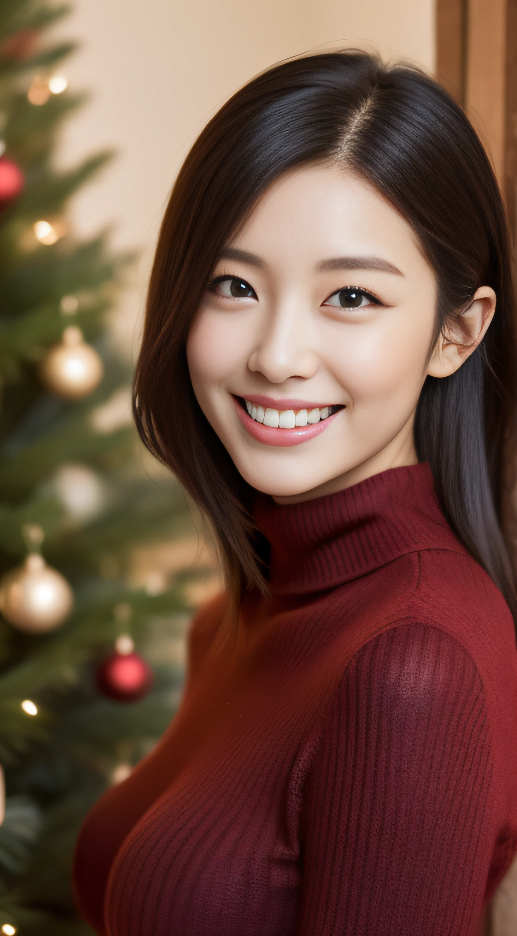 The face is a hostess、She wears a turtleneck wool sweater、hiquality、A hyper-realistic、healthy、Smiling expression、Slender perfect figure、Japan beauties、beautidful eyes、face perfect、Beautiful skin、from side、Christmas tree、street