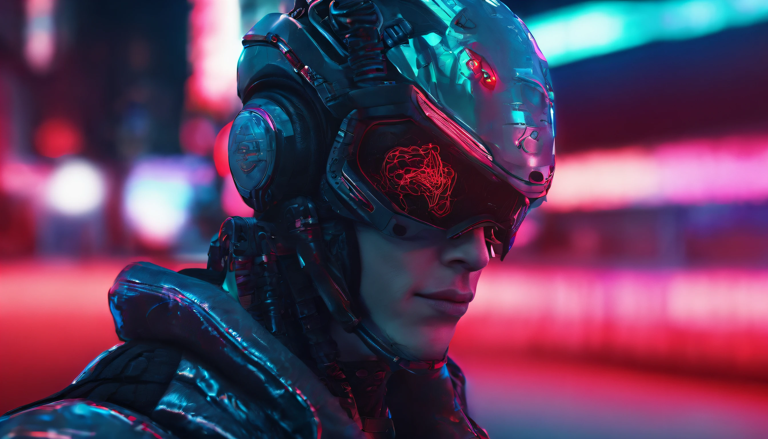 highres,ultra-detailed,photorealistic:[robocop],portrait,[alex murphy],close up,[cybernetic face],sharp focus,mechanical details,glimmering metal,[red glowing visor],intense expression,serious gaze,[complex wiring],rugged texture,forehead scar,cool blue light,cyberpunk aesthetic,studio lighting,vivid colors