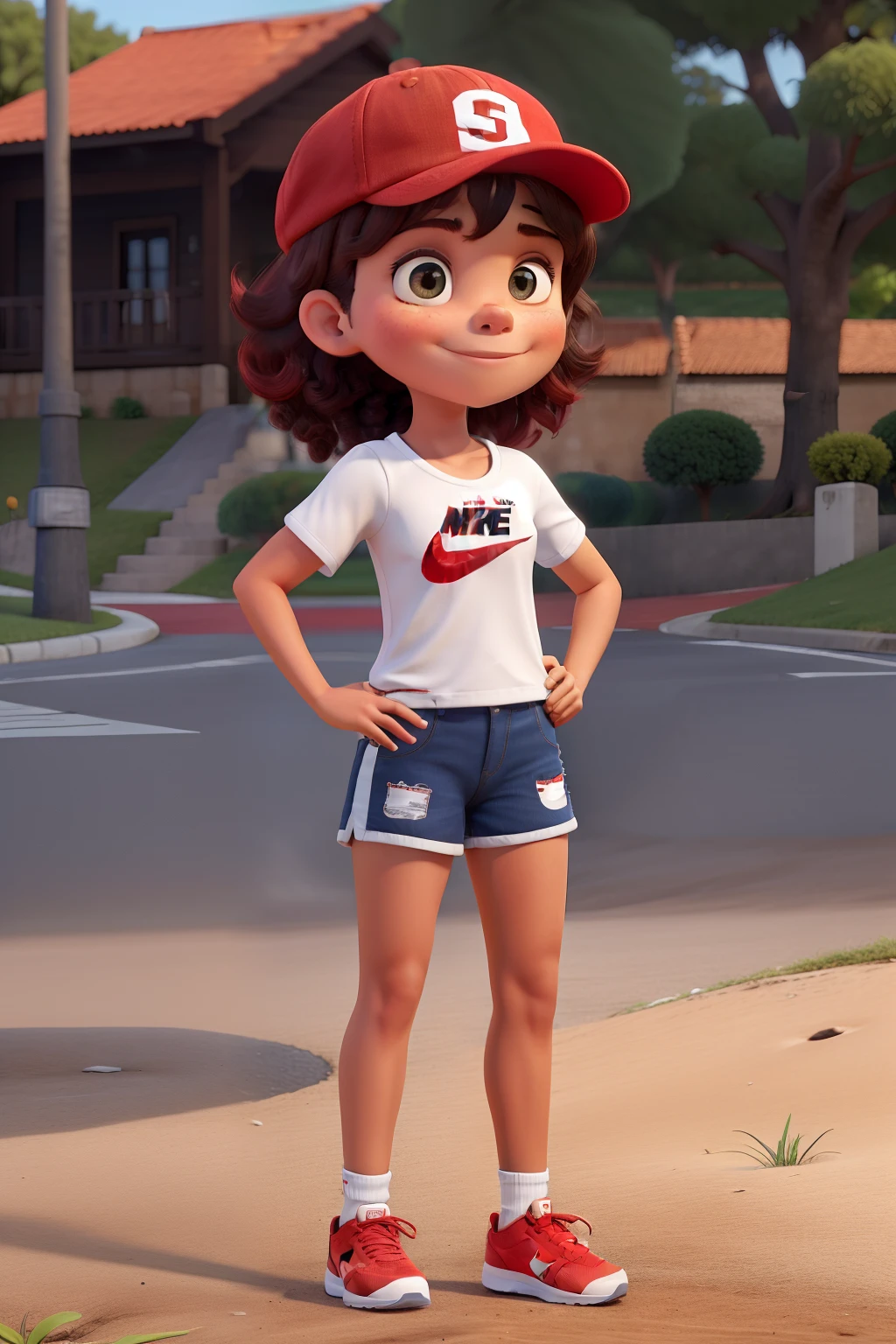 Uma garota de cabelo liso curto no ombro, with red cap, tenis nike branco, shorte preto, blusa branca e moletom vermelho