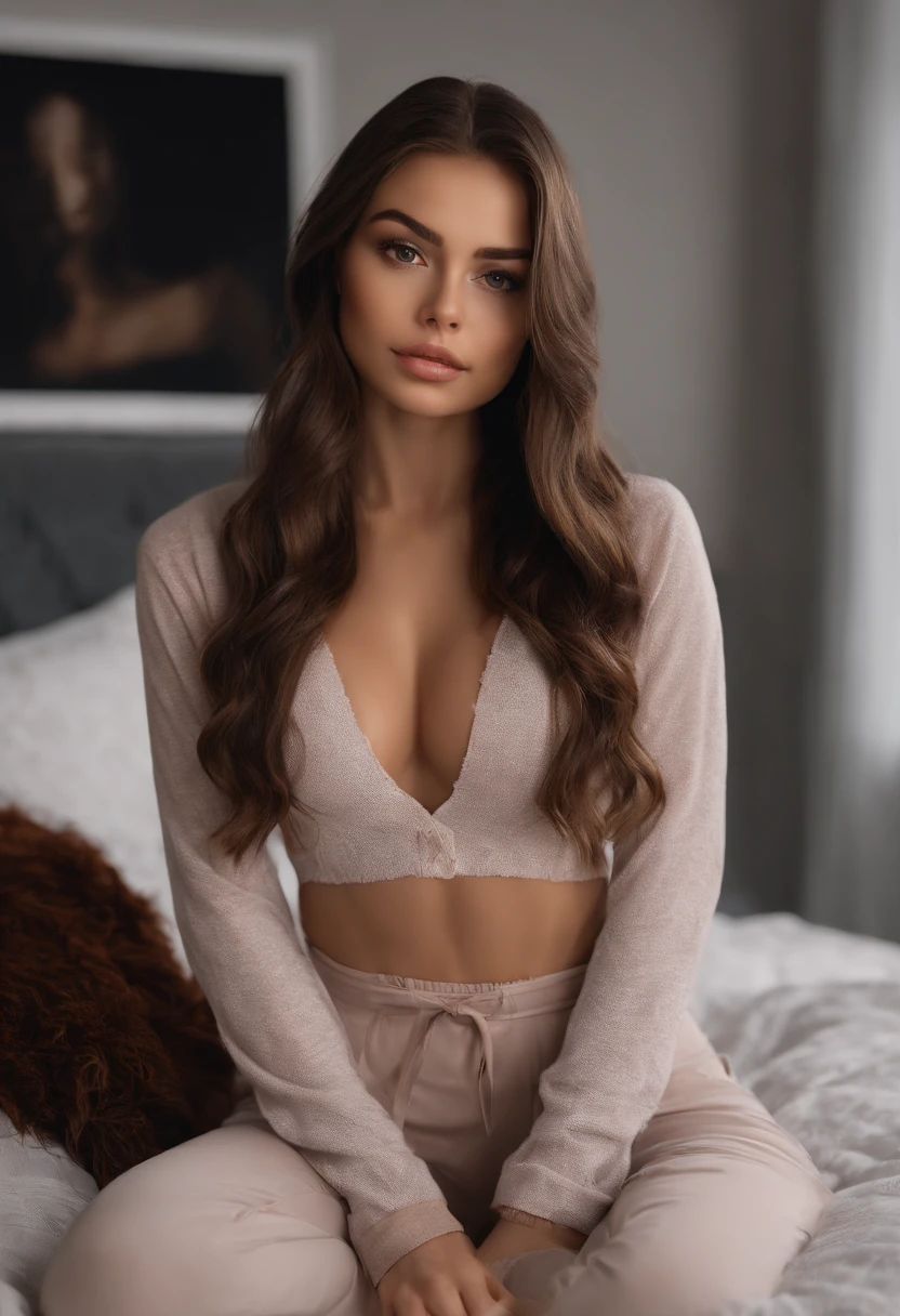arafed woman fully , sexy girl with brown eyes, ultra realistic, meticulously detailed, portrait sophie mudd, brown hair and large eyes, looking somewhere elso, selfie of a young woman, bedroom eyes, violet myers, without makeup, natural makeup, looking directly at the camera, face with artgram, subtle makeup, stunning full body shot kneeling on bed, in bedroom, medium to large size bust