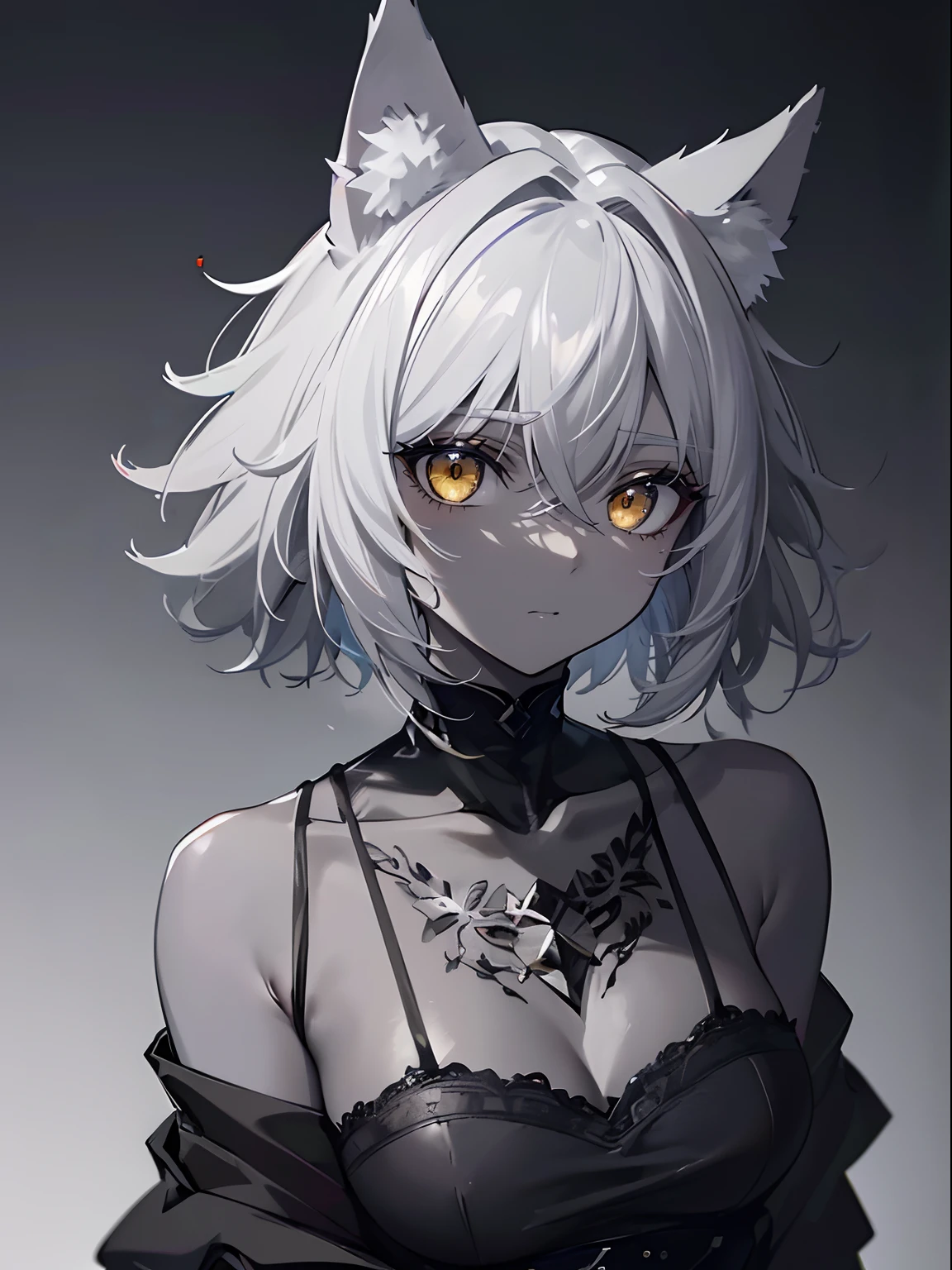 (masterpiece,best quality,ultra-detailed),1girl,black hair,dark gray hair,short hair,messy hair,(((coloured skin, grey skin))),small chest ,black top,((grey theme)),((pastel colours theme)),wolf ears