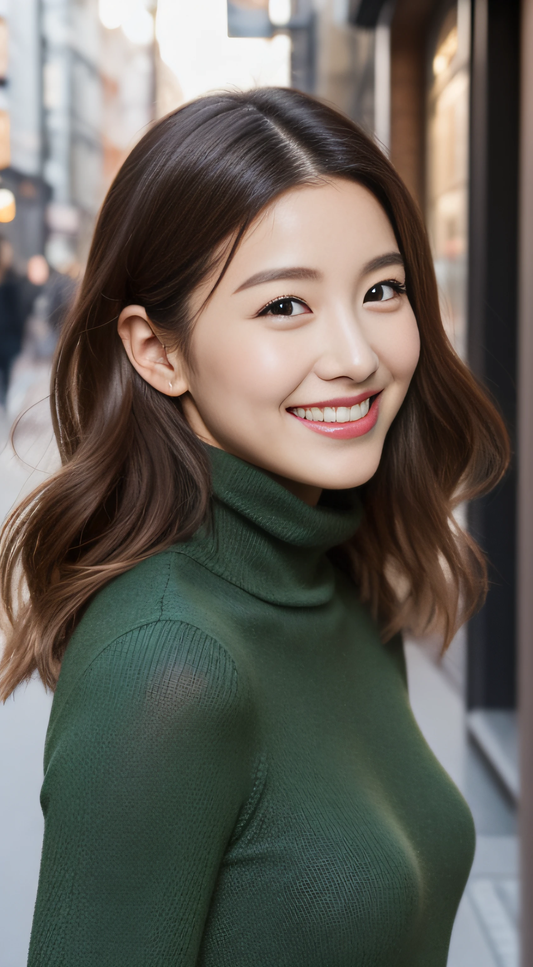 The face is a hostess、She wears a turtleneck wool sweater、hiquality、A hyper-realistic、healthy、Smiling expression、Slender perfect figure、Japan beauties、beautidful eyes、face perfect、Beautiful skin、from side、Christmas tree、street