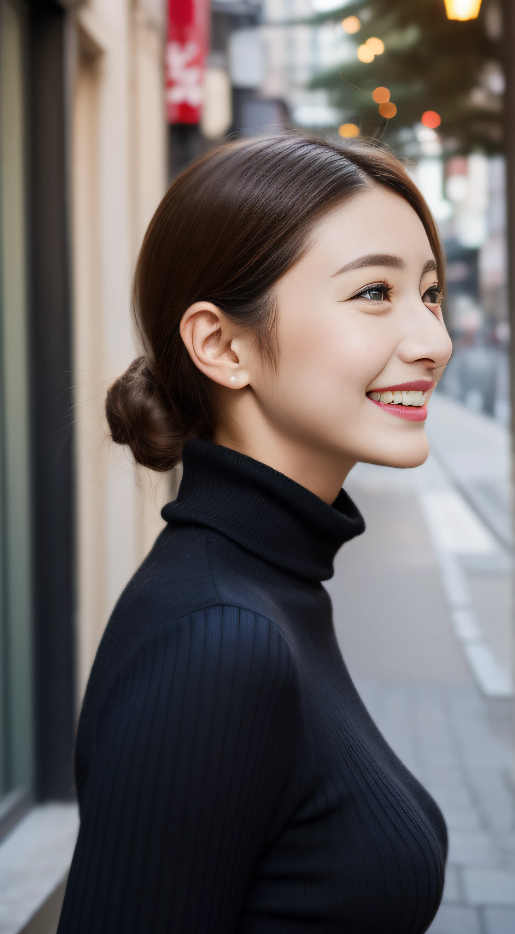 The face is a hostess、She wears a turtleneck wool sweater、hiquality、A hyper-realistic、healthy、Smiling expression、Slender perfect figure、Japan beauties、beautidful eyes、face perfect、Beautiful skin、from side、Christmas tree、street