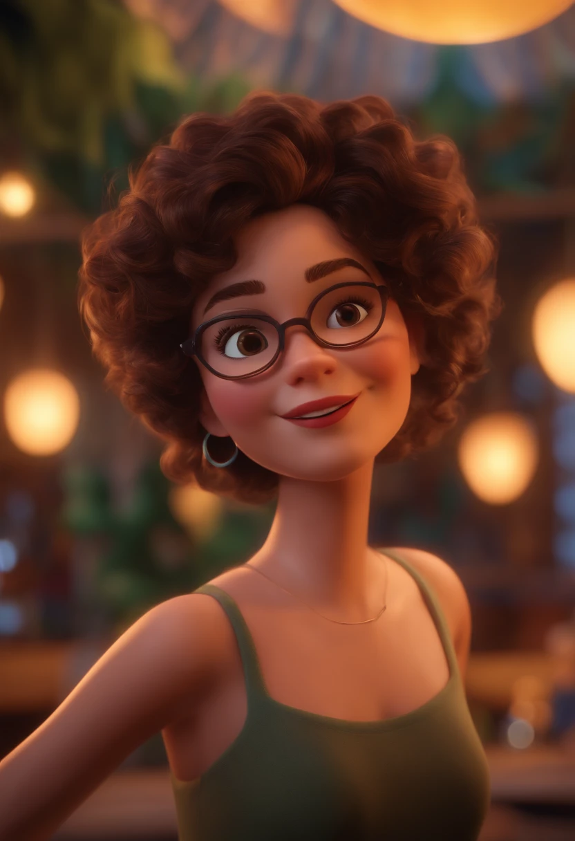 Pixar style image with 3D character white glasses brunette woman short curly hair dancing, Maquiagem Disney,Pescador, bonitinho, sorridente ,Close-up, Pixar, Disney, Cinema lighting,