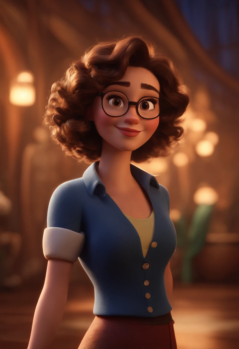 Pixar style image with 3D character white glasses brunette woman short curly hair dancing, Maquiagem Disney,Pescador, bonitinho, sorridente ,Close-up, Pixar, Disney, Cinema lighting,