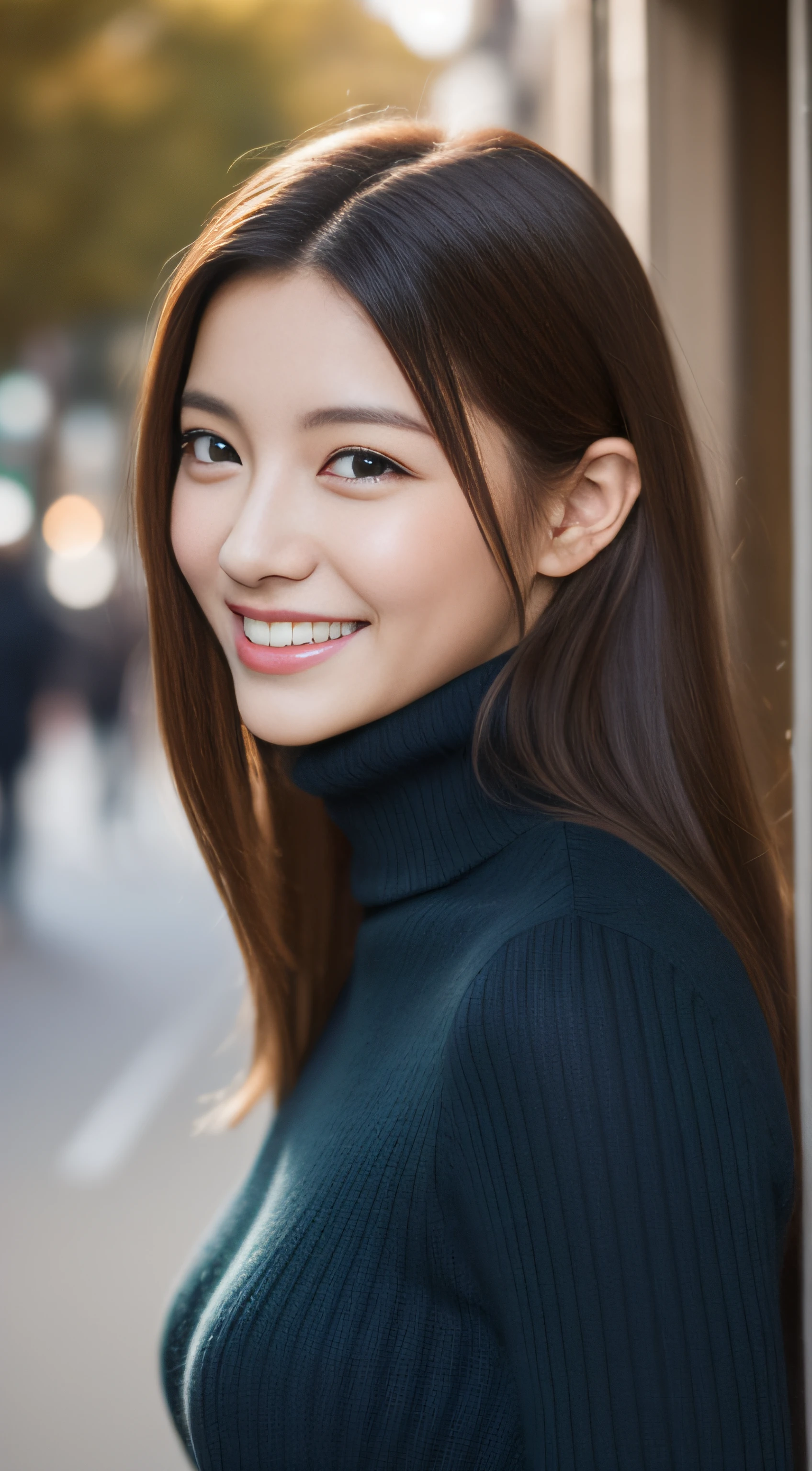 The face is a hostess、She wears a turtleneck wool sweater、hiquality、A hyper-realistic、healthy、Smiling expression、Slender perfect figure、Japan beauties、beautidful eyes、face perfect、Beautiful skin、from side、Christmas tree、street