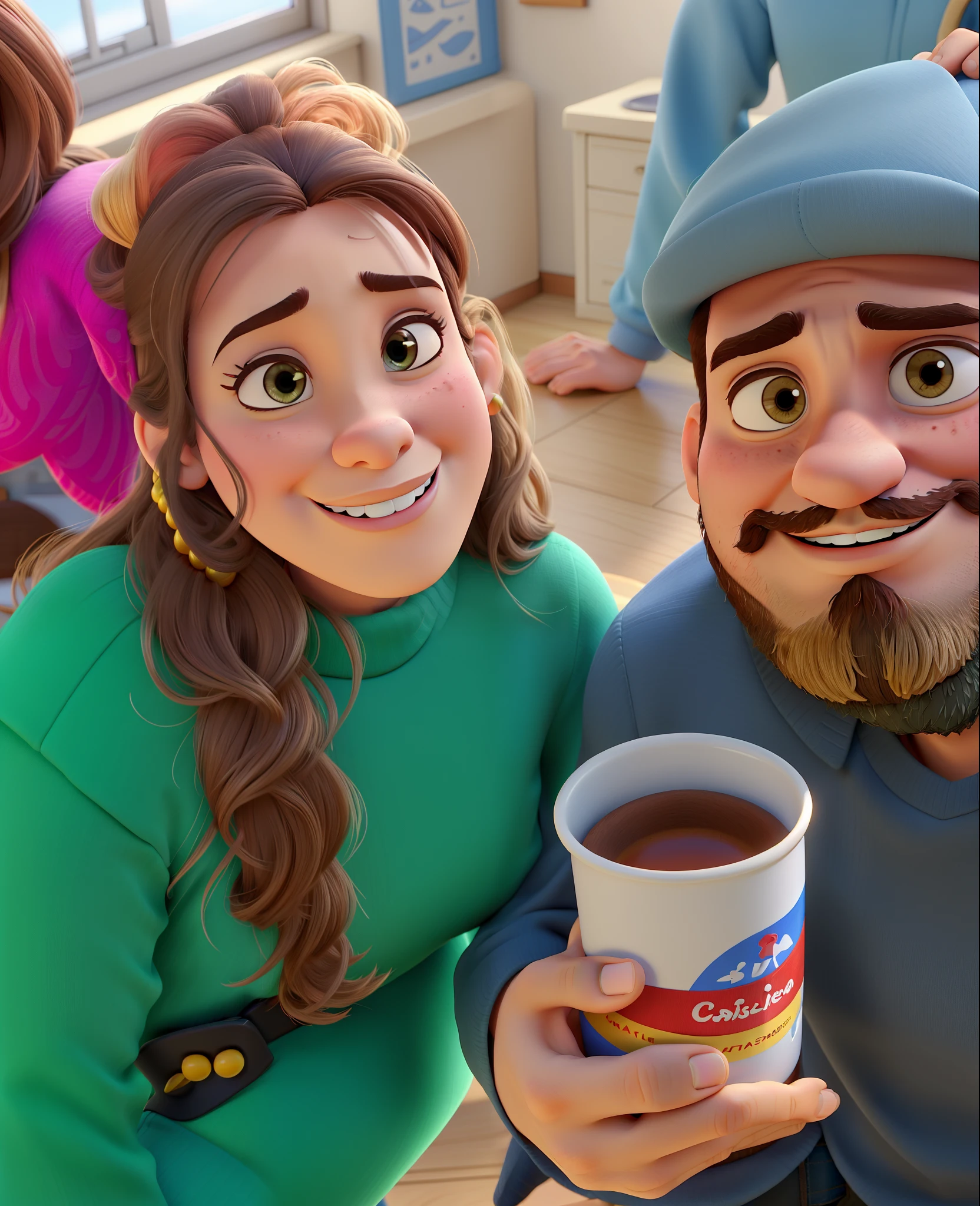 Casal estilo disney pixar melhor qualidade alta qualidade. Homem moreno cabelo comprido crespo barba grande e castanha escura e mulher branca olhos castanhos cabelos longos lisos