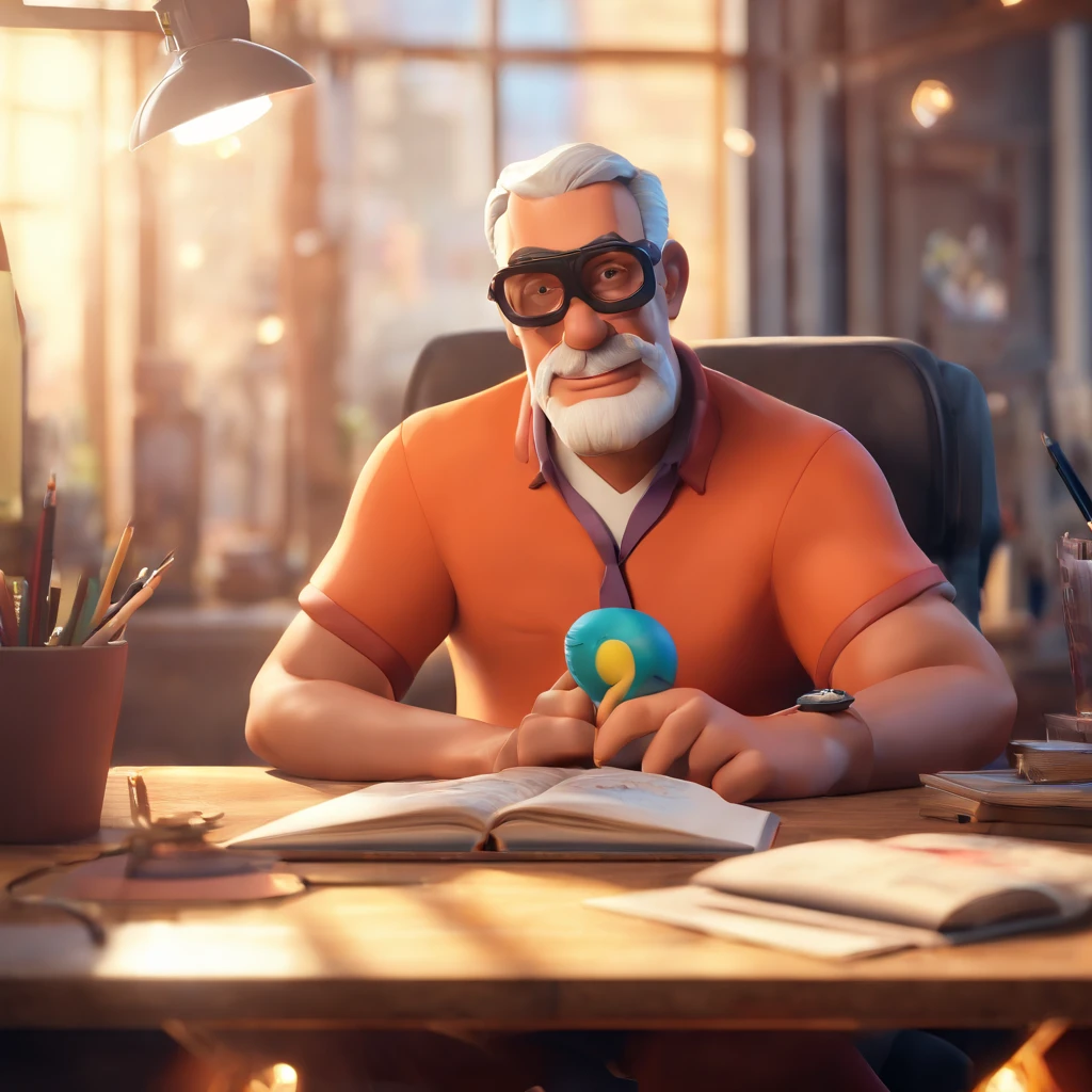 Crie um cartaz inspirado na Disney Pixar com o personagem sendo um homem, 40 anos, wearing goggles. This man is sitting in an office with a book on the table
