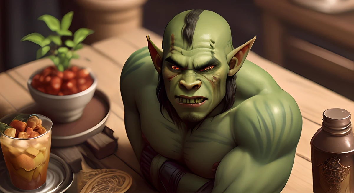 Create a ager who is an orc and elf with a human-looking scar on his body and trays on his arms