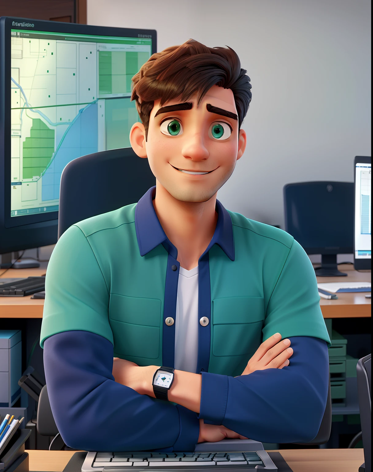 mechanical engineer, In front of office desk with a computer with the screen of a project, arm crossed, camisa azul, cabelo preto, olhos verdes, barba, 26 anos