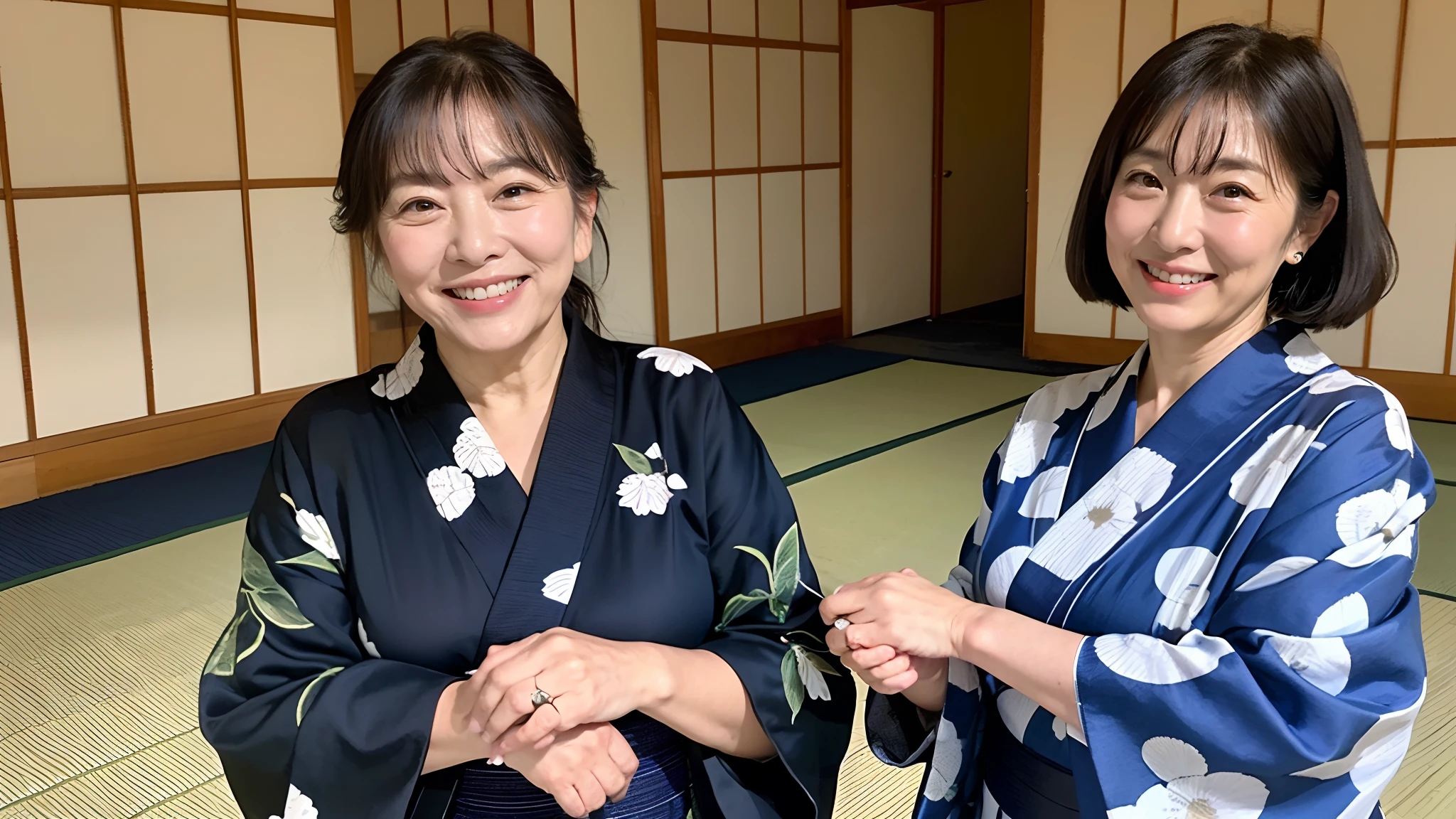 ((unparalleled masterpiece ever, Best Quality)), Large Japanese-style tatami room, cowboyshot, Average mature elderly Japan woman, Yukata, Japan Female, 50 years old, Cute look, Smile