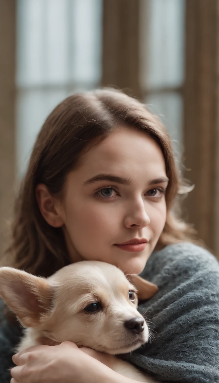 uma menina e seu cachorro na sala de estar, noite de inverno aconchegante, Divirta-se, fotografia muito realista, detailed facial expressions, olhos realistas, no watermark, canon photography, 50 millimeters
