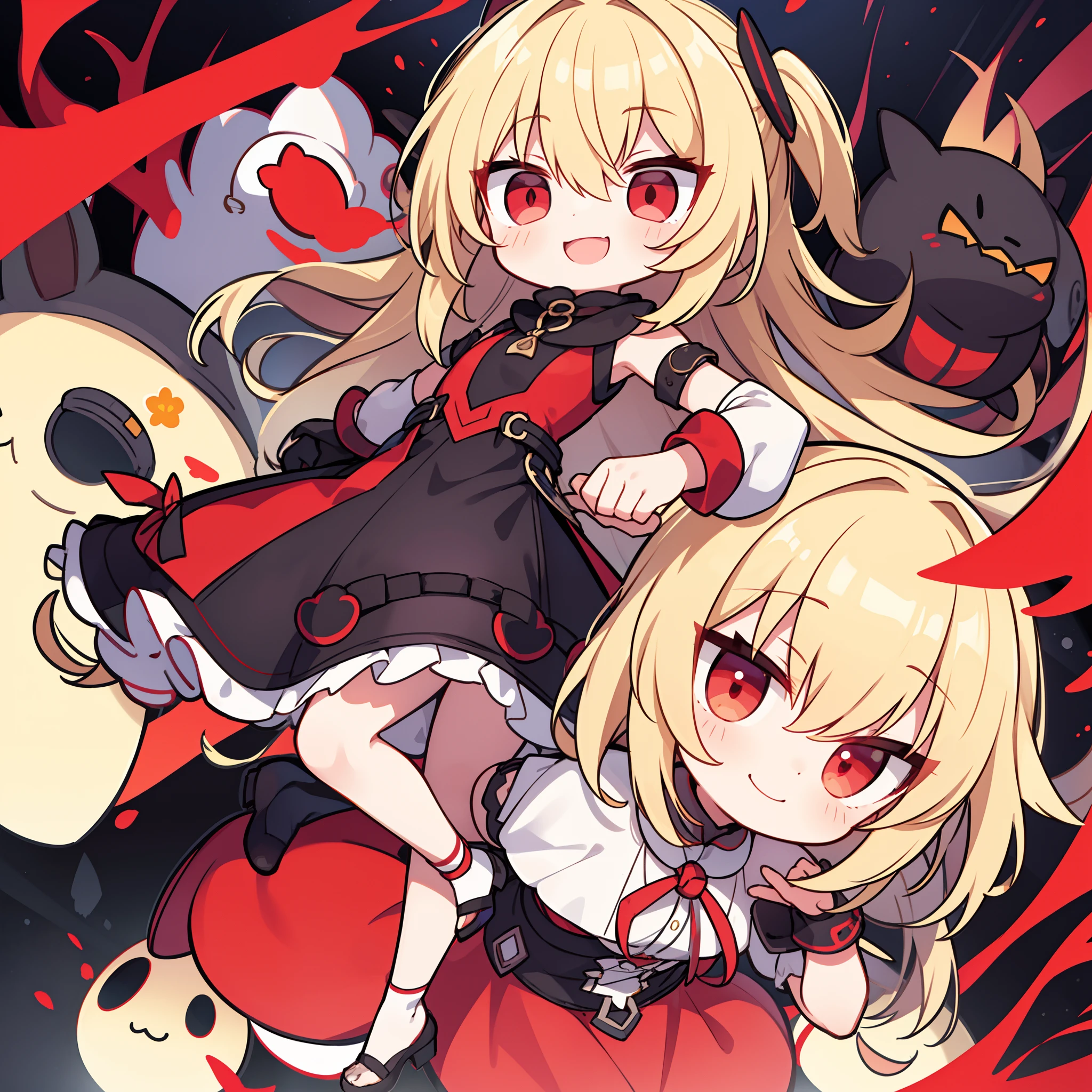 Chibi Alone Shadow of Darkness Crazy Smile Blonde Hair Red Eyes Pinafo Dress