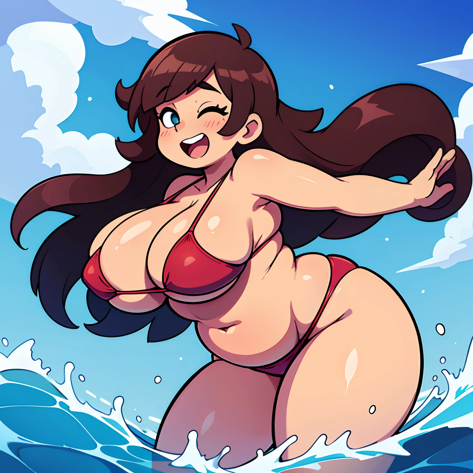 Bbw with absolutely enormous thighs, very thick, massive breasts, extremely bloated belly. On the shoreline, getting splashed in the face by sea water. Raising arms to block the water. Wearing a skimpy bikini, laughing,