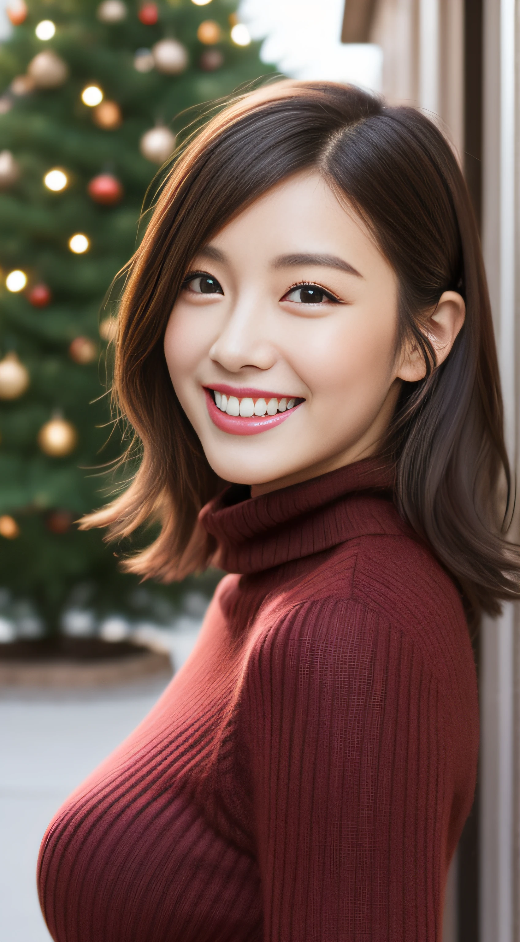 The face is a hostess、Outfit is a fluffy sweater with a turtleneck、hiquality、A hyper-realistic、healthy、Smiling expression、Slender perfect figure、Japan beauties、beautidful eyes、face perfect、Beautiful skin、from side、Christmas tree、street