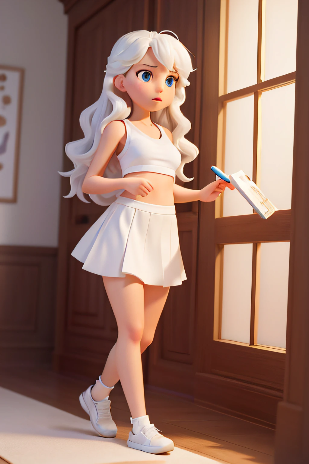 a girl ((small breasts, beautiful, cute, sensual)), disney pixar style (perfect body: 1.1), (long wavy hair: 1.2), white hair ((messy)), (white tank top, tight, short ), ((high school skirt ( white ))), busy square, (walking from ), (extremely detailed 8k CG wallpaper), (an extremely delicate and beautiful masterpiece), (best quality: 1.0), (high resolution: 1.0), beautiful lighting, perfect lighting, realistic shadows, coloring book [high resolution], detailed skin, ultra-detailed, black and white image for coloring book disney pixar style