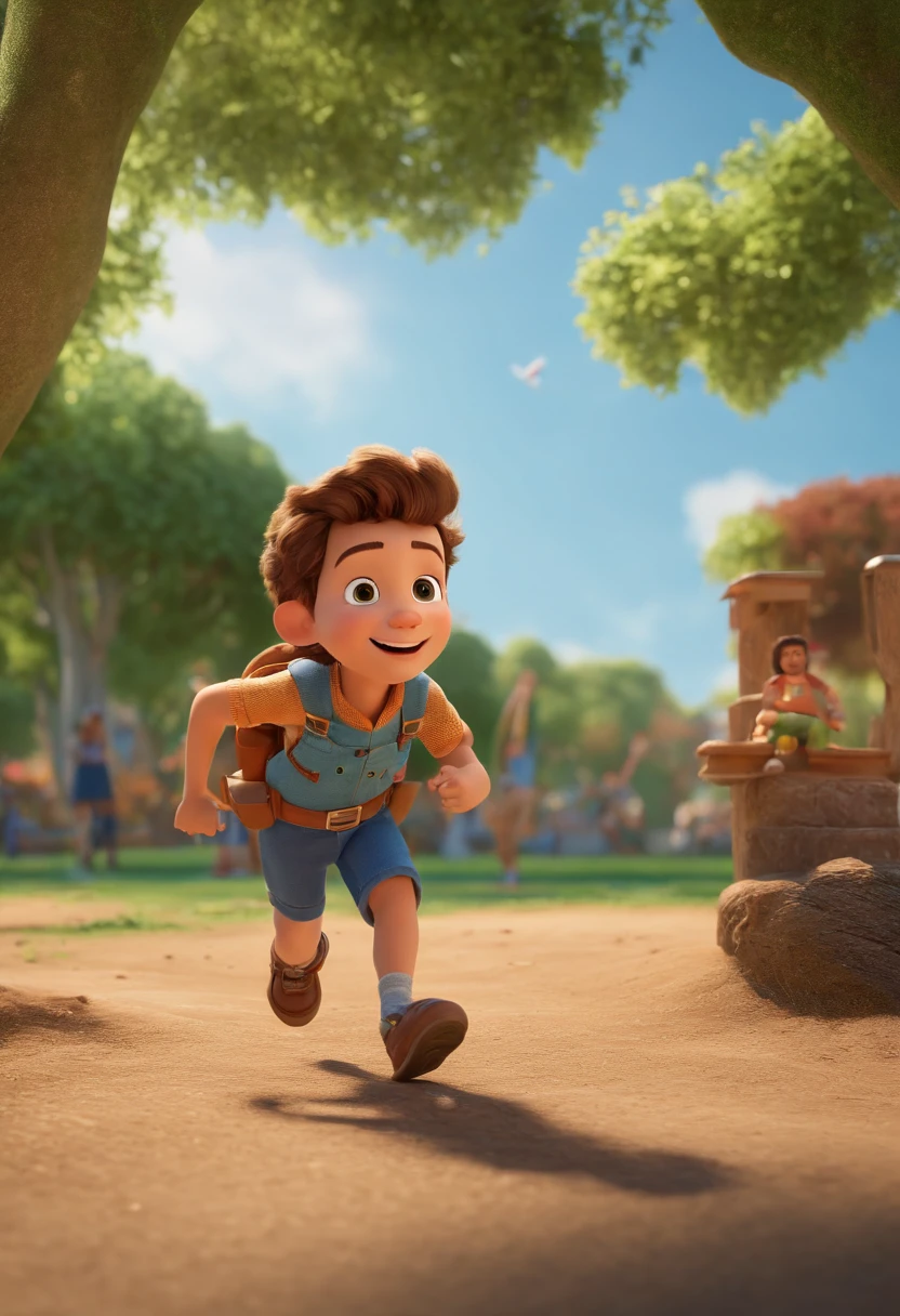 (best quality,4k,8k,highres,masterpiece:1.2),ultra-detailed,(realistic,photorealistic,photo-realistic:1.37),Image of a boy in a YouTube video in Pixar format, little Allabester (a detailed description of his face is very important, mention his eyes, nose, and lips), Class-leading, extrovertido, Playful and brave, rodeado por um grupo de amigos, todos sorrindo e se divertindo, vestindo uniformes escolares brilhantes e coloridos, in a beautiful park with swings and a large shimmering lake in the background. The Allabester boy is running with open arms, com um sorriso largo e animado no rosto, enquanto seus amigos o seguem cheios de alegria. The sky is sunny with fluffy white clouds, iluminando todo o parque com uma luz quente e suave. Vibrant, vivid colors bring the scene to life, com tons doces e suaves. Natural light shines in the treetops, creating soft shadows on the ground. Details are incredibly sharp, mostrando cada textura da grama, Tree leaves and characters' clothes. The image conveys a sense of joy, Friendship and fun, with a touch of magic and charm typical of Pixar animations.