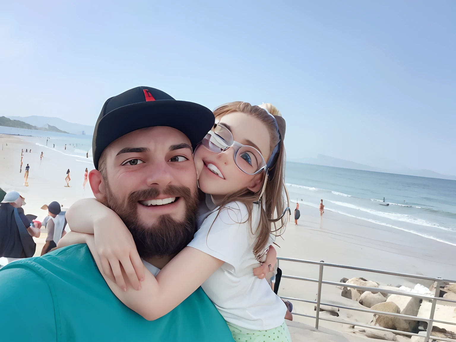 White man with beard wearing black cap with a girl with glasses hugging him with the beach in the background