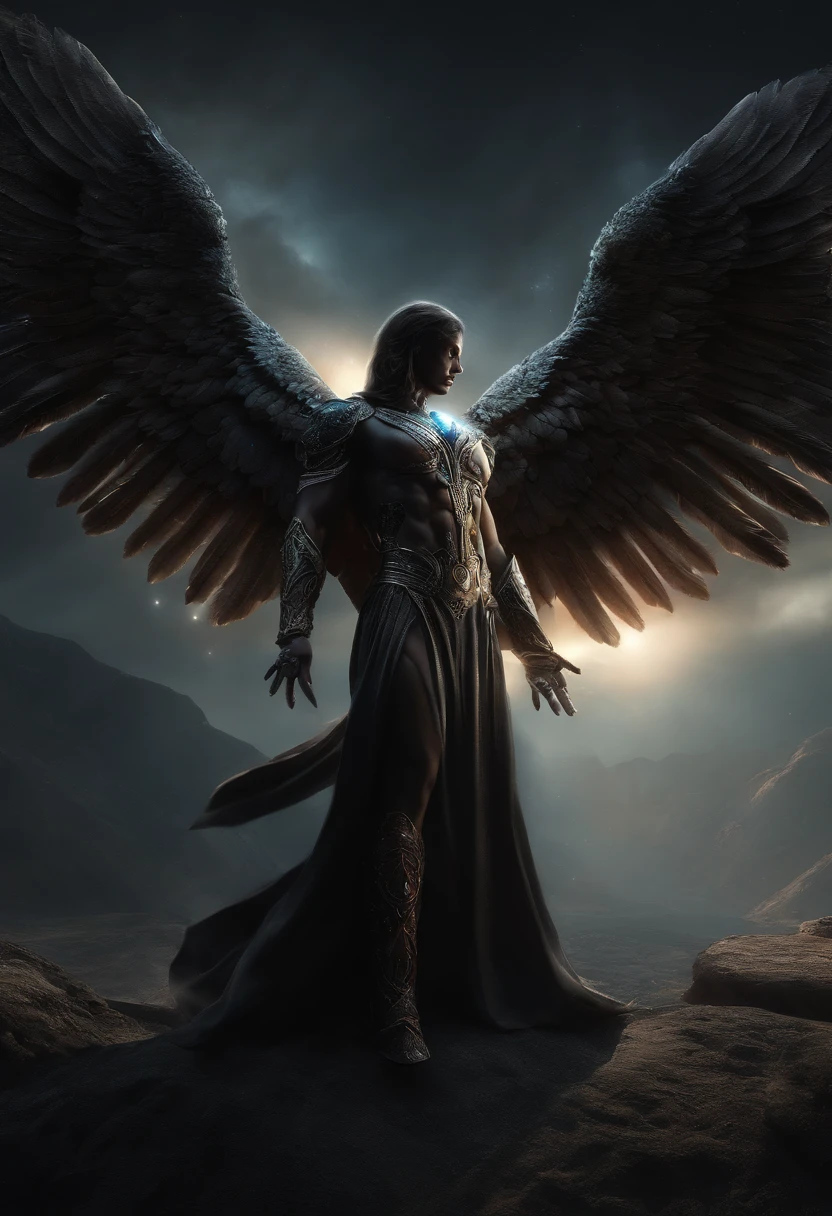 on top of a castle, A stone statue, blue beam of light emits from the statue towards the sky, the statue looks like an ancient god, the statue is hooded, with your face covered, has wings, medieval fantasy world