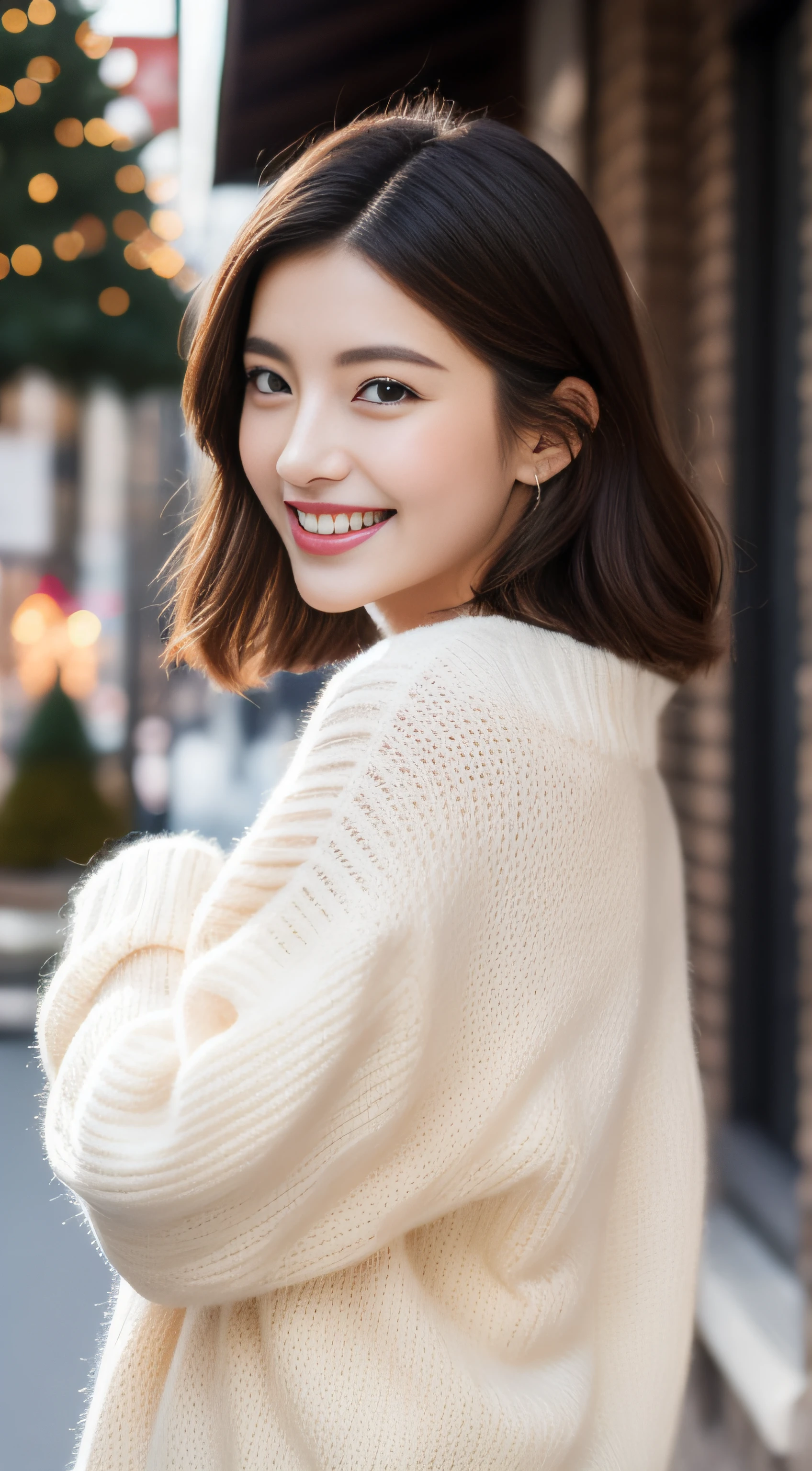 The face is a hostess、Outfit is a fluffy sweater with a turtleneck、hiquality、A hyper-realistic、healthy、Smiling expression、Slender perfect figure、Japan beauties、beautidful eyes、face perfect、Beautiful skin、from side、Christmas tree、street
