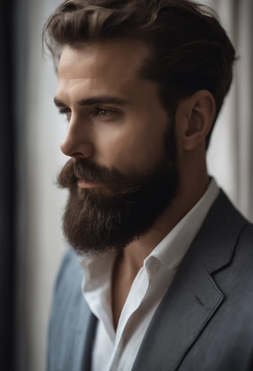 Homme avec barbe et moustache en chemise blanche, Best quality,4K,8k,Very attractive man with beard, well-groomed facial hair, joli, Breathtaking, Realstic, Ultra-realistic image, moustache naturelle, old male,soft portrait shot 8 k, Very detailed portrait, thick mustache, Hyper-realistic style, barbe mince, poils courts du visage, Bartstoppeln, joli, face detailed, ultra realistic portrait, cheveux gris,elegant suit, ouvrir bouche,