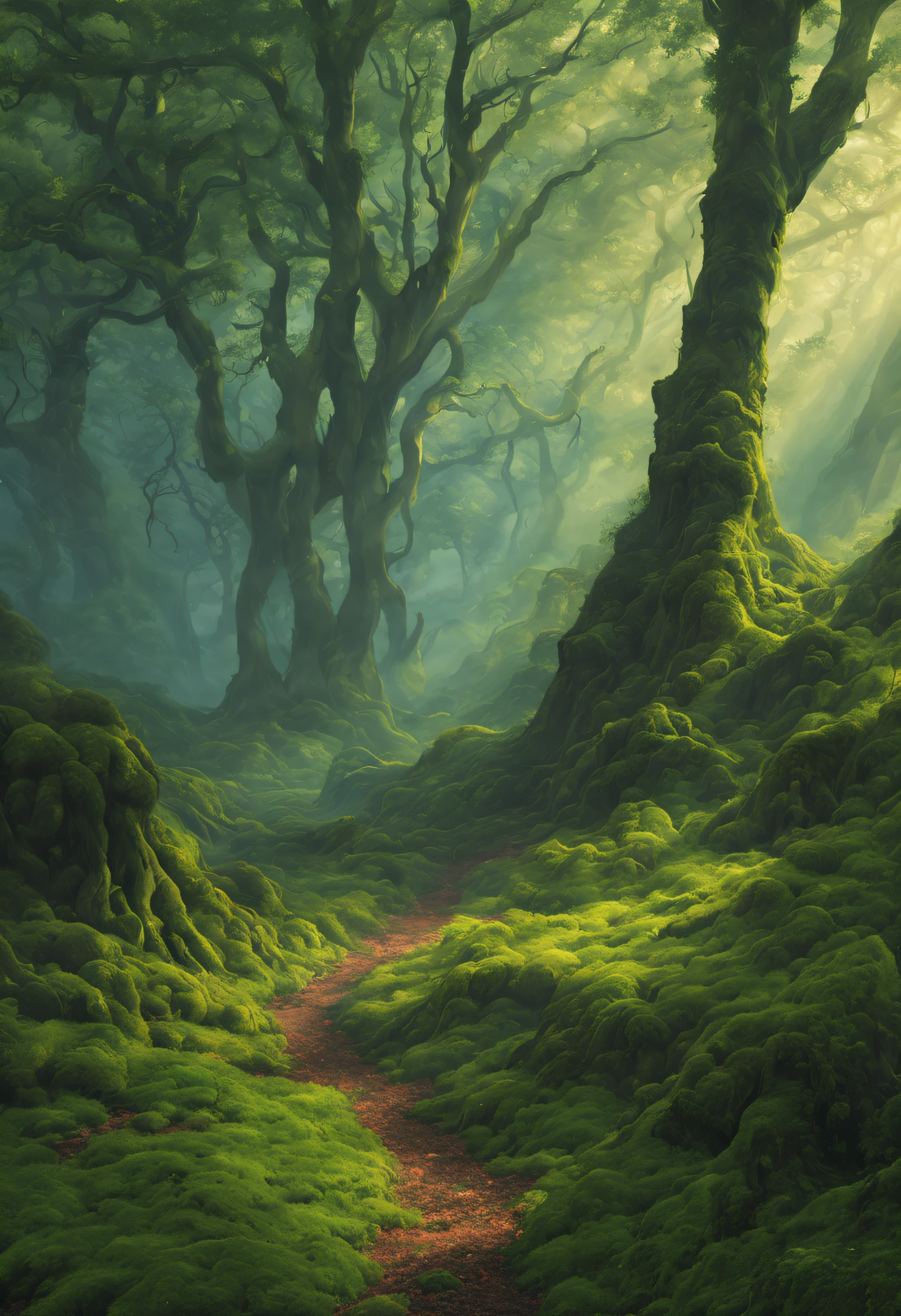 Capture the essence of a mystical forest at dawn, where ancient trees reach for the heavens, their twisted branches bathed in the soft, ethereal light of the rising sun. The forest floor is blanketed in a carpet of dew-kissed emerald moss, and a gentle, otherworldly mist shrouds the scene, giving it an aura of enchantment. In the midst of this serene landscape, there stands a solitary, weathered stone with a single, cryptic symbol etched into its surface, hinting at the secrets this forest holds. Allow your imagination to paint this scene with vivid colors and intricate details.