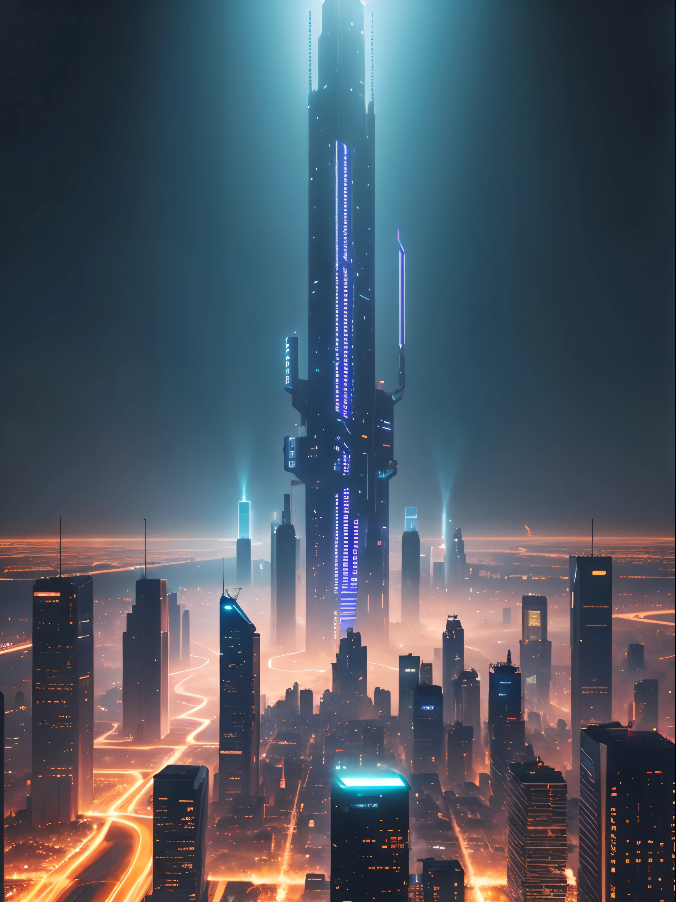 A super technological city with tall buildings, debaixo d'agua, Buildings illuminated with colored lights, fundo escuro, Civilization underwater view from on high, Ultra realista, Muitos detalhes, cyberpunk, steampunk style,