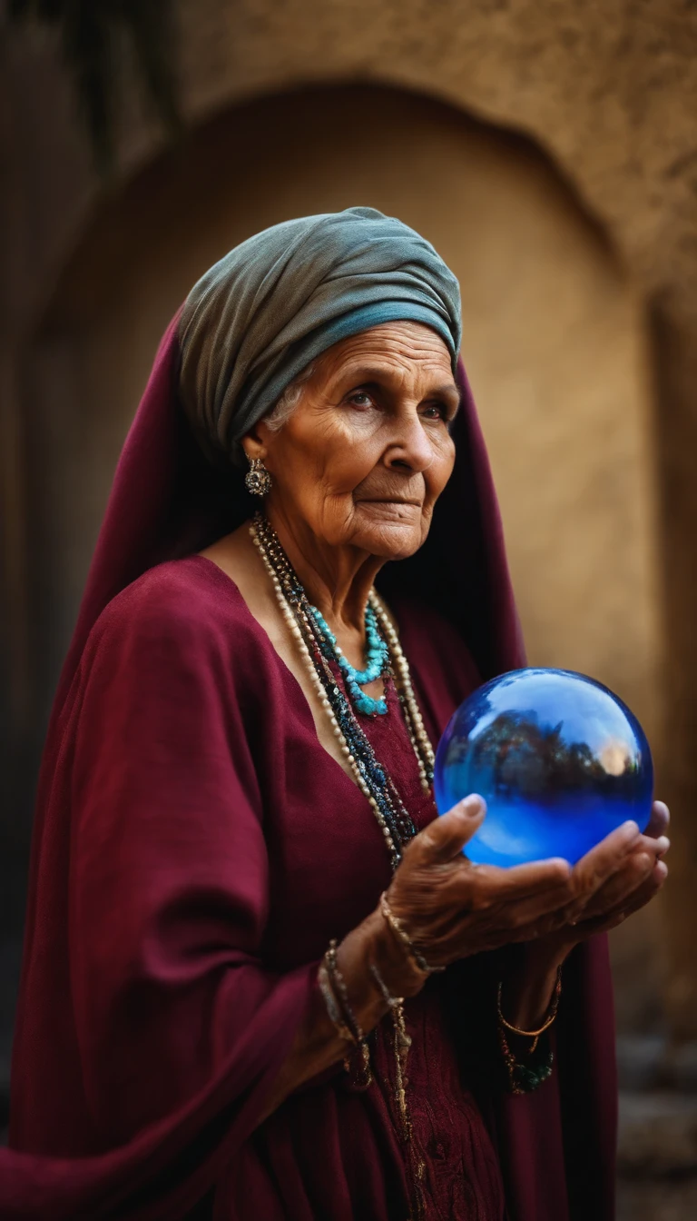 An old woman with a crystal ball and a cloth on her head, olhando pra frente