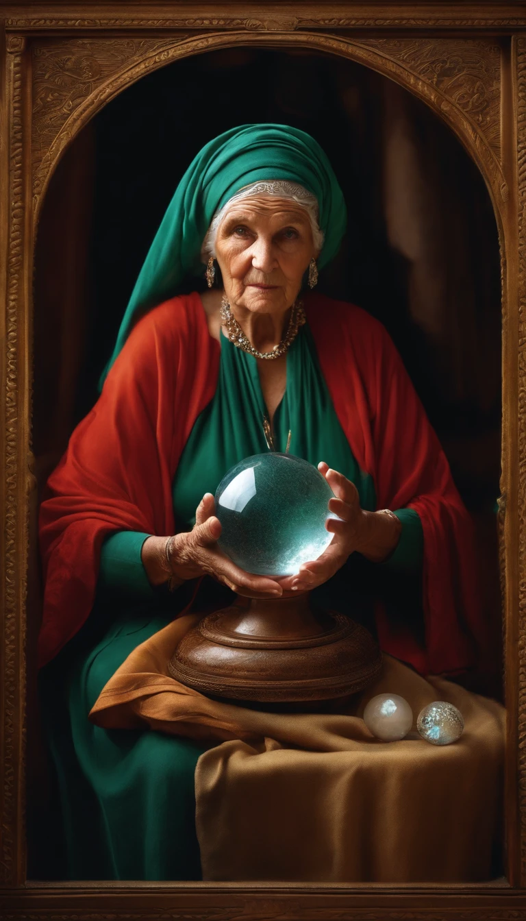 An old woman with a crystal ball and a cloth on her head, olhando pra frente
