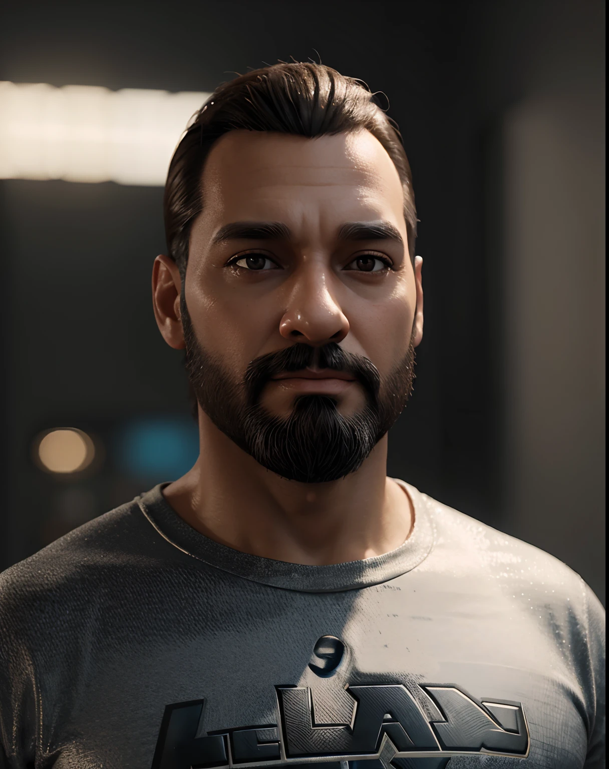 personagem dos desenhos animados de um homem de 40 anos, completamente careca, com sobrancelha e barba pretas, olhos castanhos e uma camiseta preta, animation character, Caractere estilizado, animation style rendering, 3D estilizado, Arnold Maya render, 3 d render stylized, toon render keyshot, Personagem 3D, Personagem 3D, 3d rendering stylized, 3 d character render, personagem de desenho animado, Personagem de close up, Pose de personagem, (Estilo Pixar) (master part:1.2) (Bokeh) (best quality) (pele detalhada) (textura detalhada) (8k) (argila) (Cinematic lighting) (foco nítido