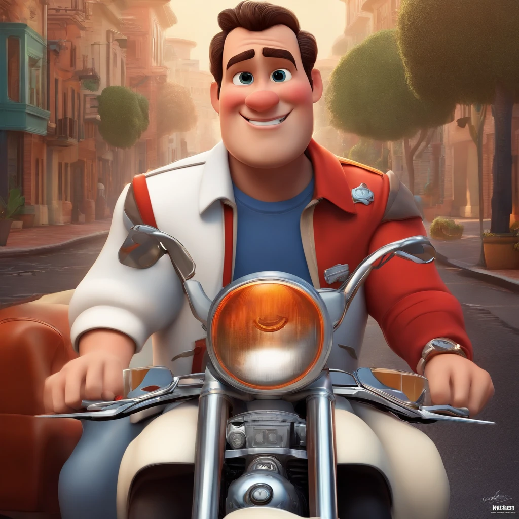 fundo branco, pixar desenhos animados 3D, menino gordo, capacete branco, camisa branca, bermuda vermelha, moto branca, :estilo pixar cartoon