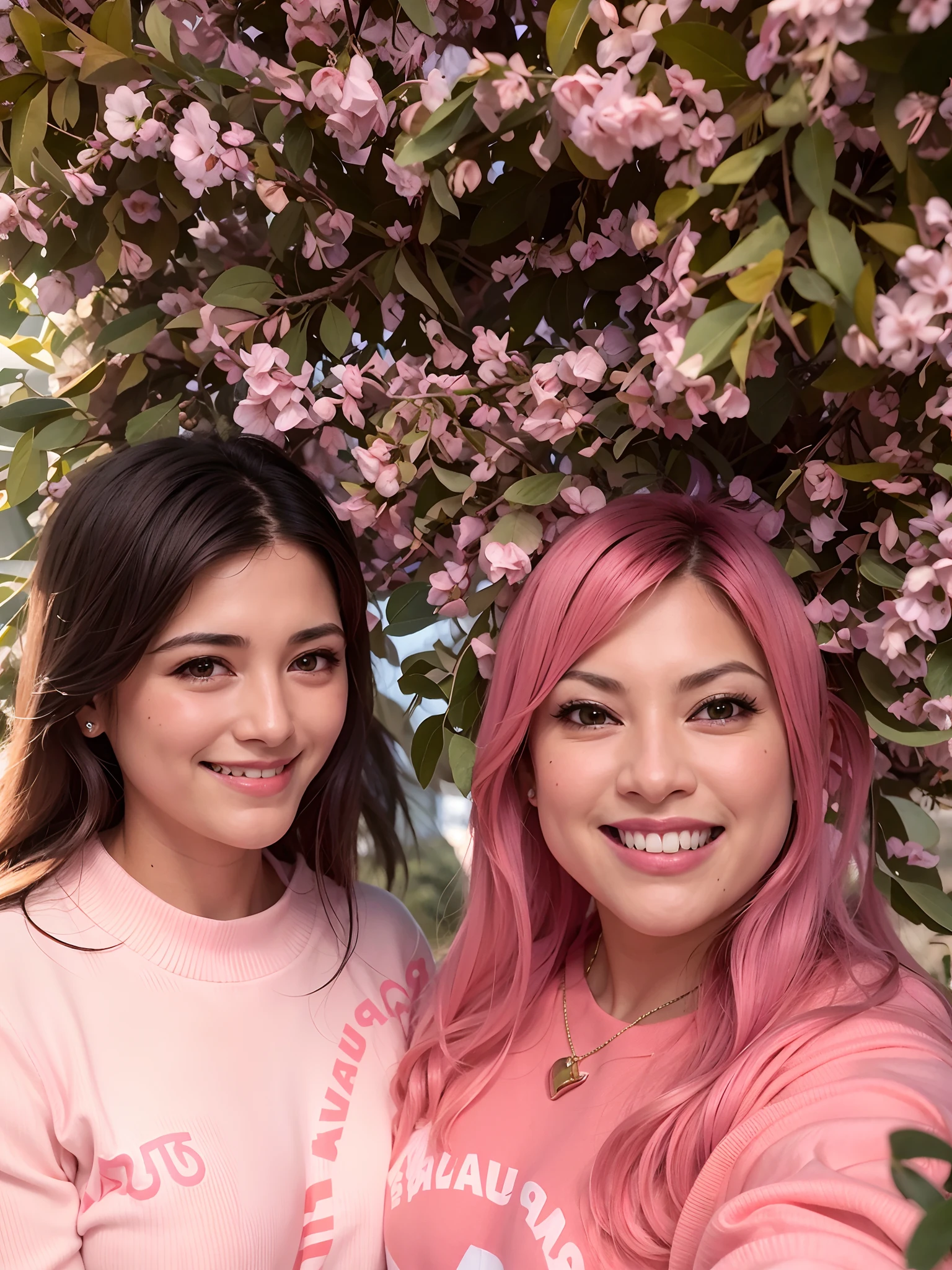 Two women in pink shirts posing for a photo in front of a tree, na floresta cor-de-rosa, Poder Rosa, The walls are pink, pink trees, Karla Ortiz, Floresta Rosa, flores cor-de-rosa, 🌸 🌼 💮, by Gina Pellón, foto do snapchat, background is celestial, Jenna Barton, (cores cor-de-rosa), imagem de perfil, fernanda suarez, Sandra, Rosa